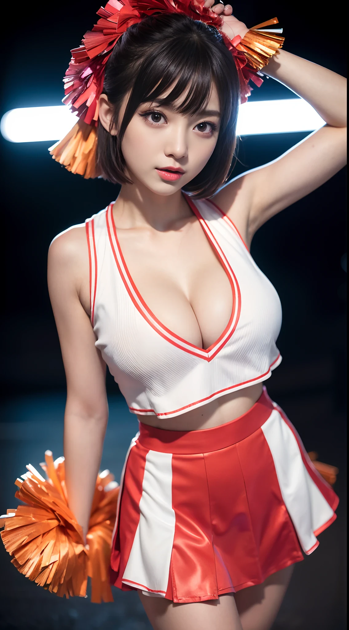 (8K, Raw photo, Best Quality, masutepiece:1.2), (Realistic, Photorealsitic:1.37),1girl in, Professional Lighting, Photon mapping, Radio City, Raw photo、(Photorealsitic:1.4)、Octane number renderin、Complex 3D rendering ultra detail, Studio Soft Light, Rim Lights, vibrant detail, super detailing, realistic skin textures, Detail Face, Beautiful detail eyes, Very detailed CG Unity 16k wallpaper, make - up, (detailedbackground:1.2),Colossal tits、Best Quality, 超A high resolution, masutepiece, 1girl in,Brown-haired hair,(Shorthair), 20yr old,((Colorful cheergirl costumes、Cheerleader attire)), cute face、((pleatedskirt))、乃木坂アイドル、Chinese Idol、Japan idle、((cleavage of the breast))