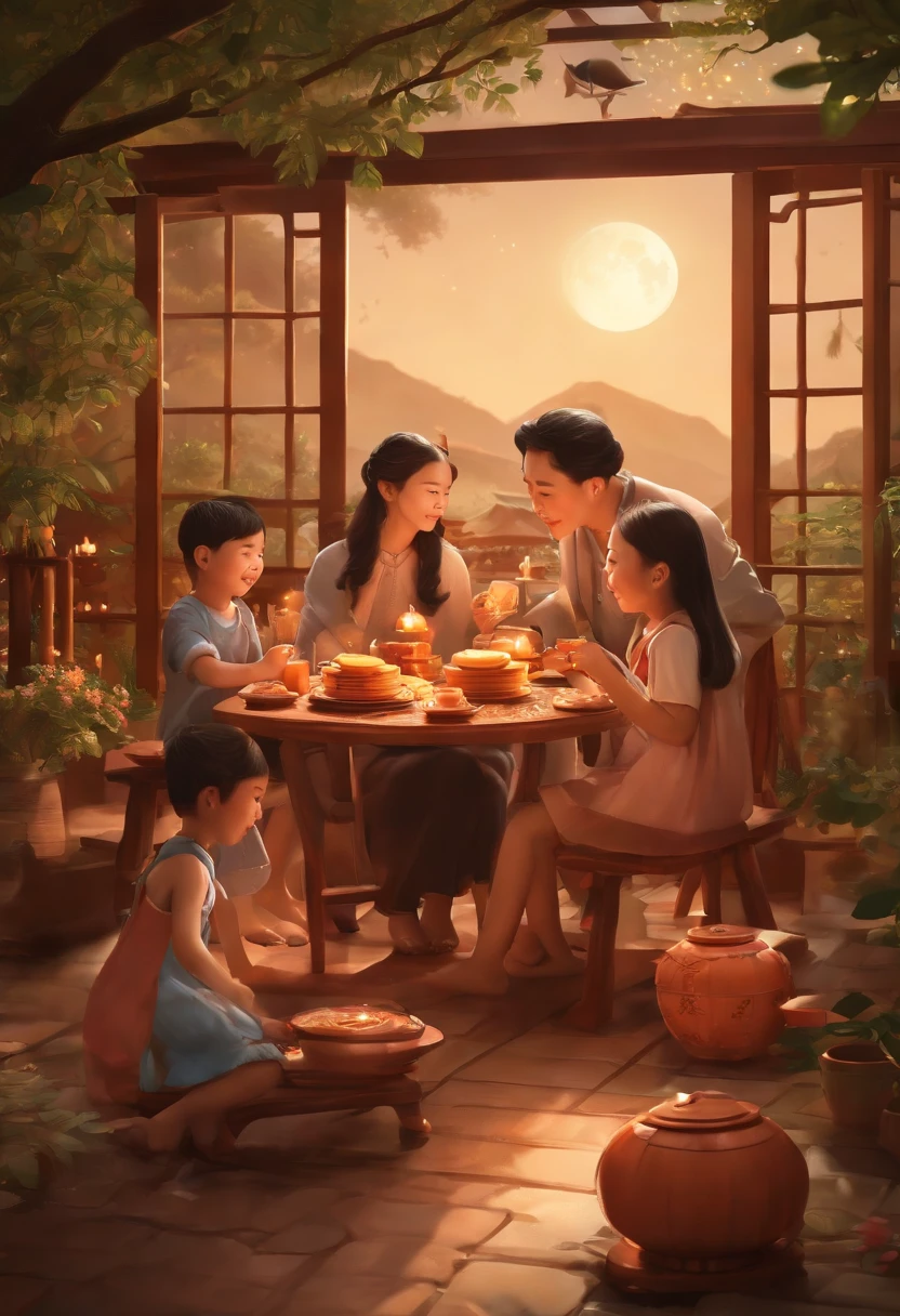 (top-quality、8K、tmasterpiece:1.3)、Full moon and stars in sky illustration,The family sits together eating mooncakes,Mom and dad laugh with the kids,Have in the living room、Bright house scene,extremely detailed face and skin,Heartwarming scene,perfect detail