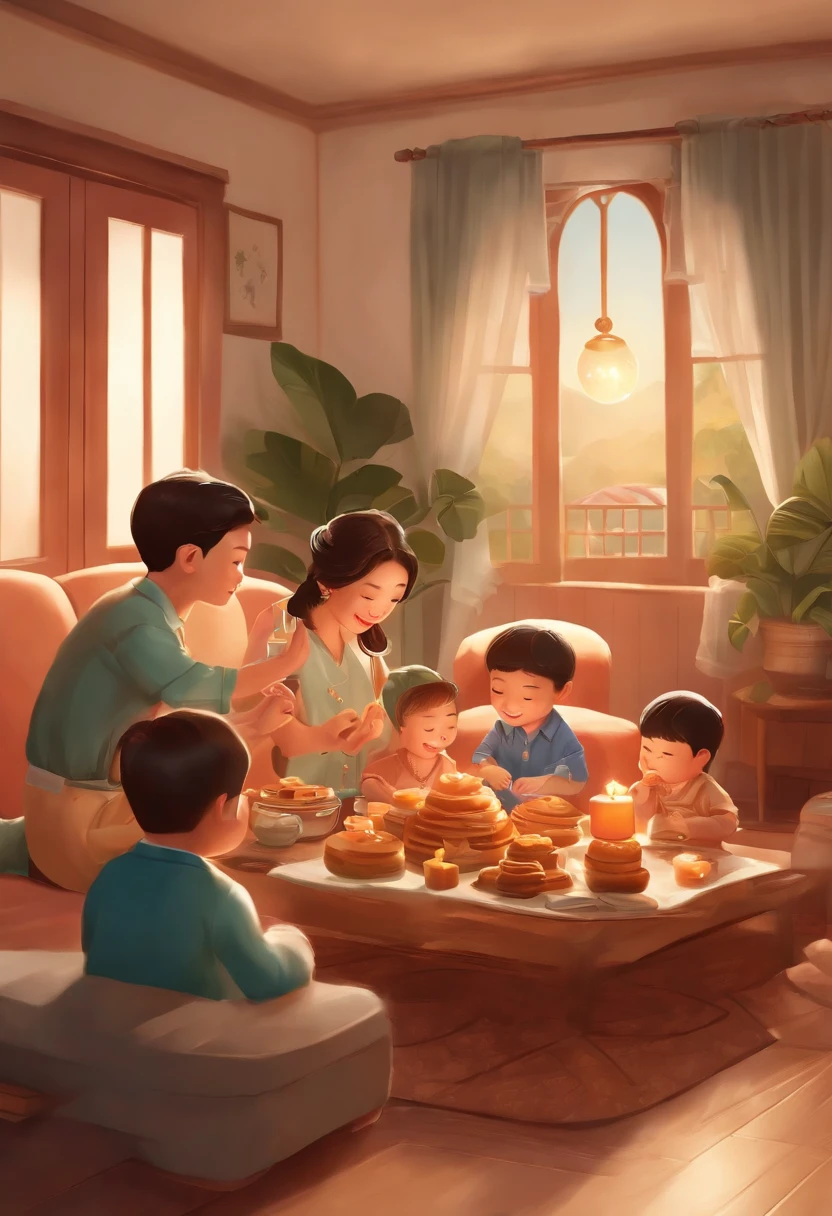 (top-quality、8K、tmasterpiece:1.3)、Full moon and stars in sky illustration，The family sits together eating mooncakes,Mom and dad laugh with the kids，Have in the living room、Bright house scene，extremely detailed face and skin，Heartwarming scene，perfect  detail