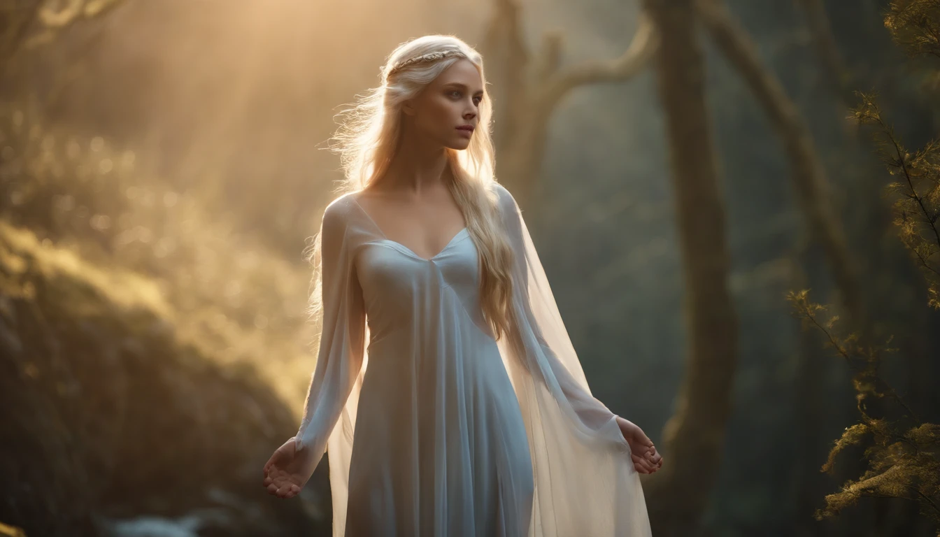 A young elven girl, eighteen years old, stands in a majestic pose, the girl's naked body perfectly sexualized, and covered only by a transparent sheet. She has blue eyes and blonde hair. A divine glow emanates from her. She stands leaning with her hand on a fantastic albino tiger. High resolution, 8k