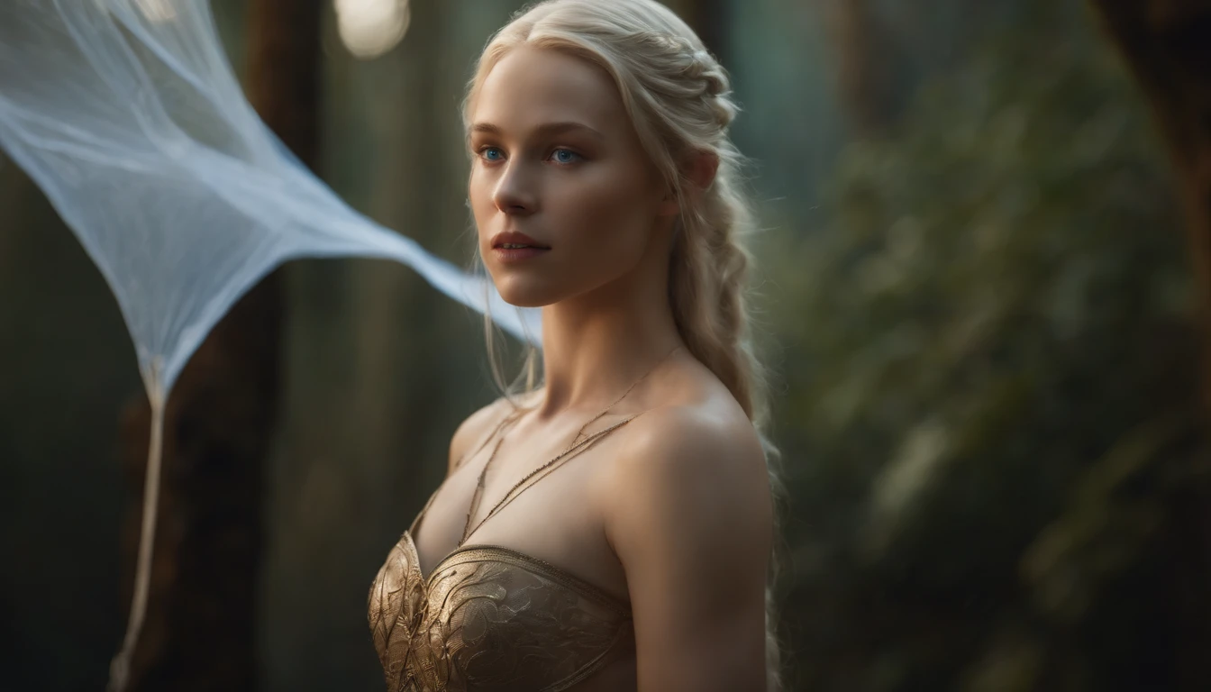 A young elven girl, eighteen years , stands in a majestic pose, the girl's naked body perfectly sexualized, and covered only by a transparent sheet. She has blue eyes and blonde hair. A divine glow emanates from her. She stands leaning with her hand on a fantastic albino tiger. High resolution, 8k