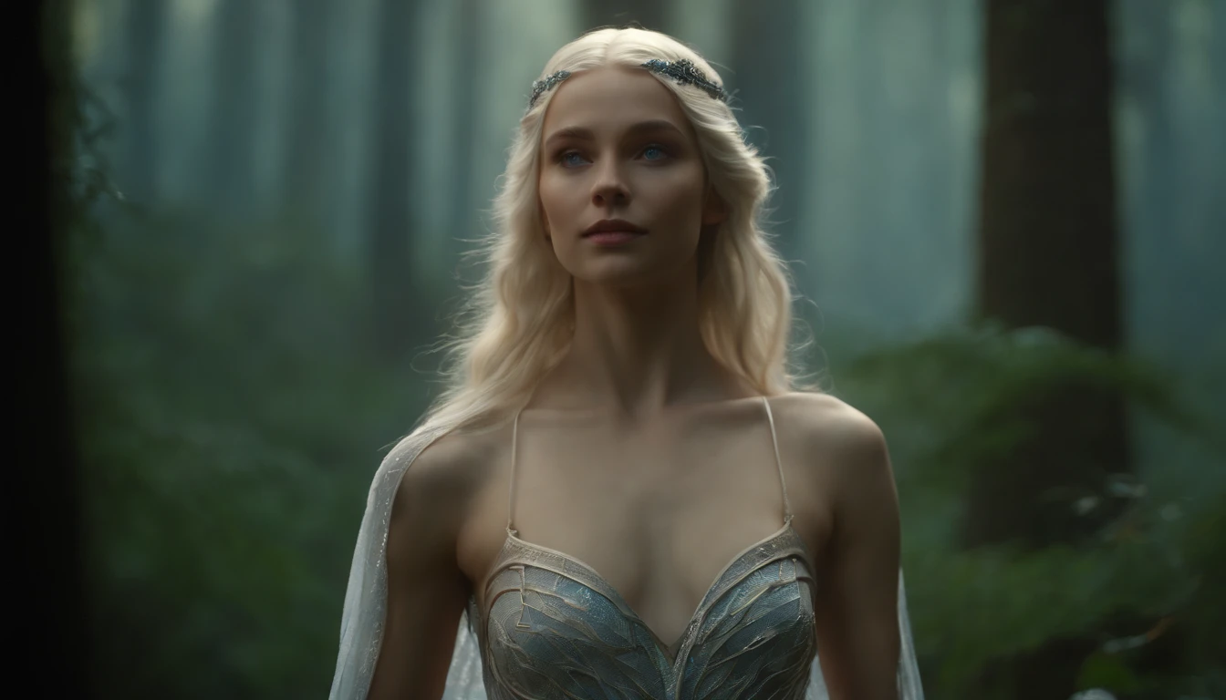 A young elven girl, eighteen years old, stands in a majestic pose, the girl's naked body perfectly sexualized, and covered only by a transparent sheet. She has blue eyes and blonde hair. A divine glow emanates from her. She stands leaning with her hand on a fantastic albino tiger. High resolution, 8k