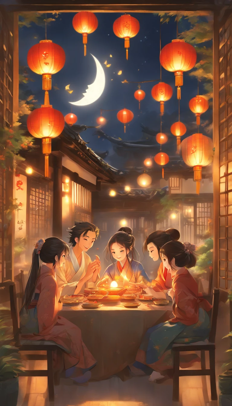 The family sits together, Enjoy a festive dinner, Surrounded by a warm and comfortable atmosphere. The room was beautifully decorated，Equipped with lanterns, Symbolizes the joy of the Mid-Autumn Festival. The table is filled with a variety of delicacies, Includes traditional mooncakes. Moonlight shone through the windows, Cast a soft glow on everyone's face. The family laughed and chatted, Express their love and happiness on this special occasion. The artwork is created with the finest materials, Such as oil painting or high-resolution digital rendering, Ensure the highest quality and detail. The colors are vivid and vibrant, Create visually stunning representations for holiday celebrations. Well-designed lighting, Focus on capturing the warm and tranquil atmosphere of the evening. The artwork is a masterpiece, With ultra-fine elements and realism, Photorealistic style. The moon in the night sky is depicted as a perfect circle, Represents the full moon of the Mid-Autumn Festival. The scene was full of fun, Love, and togetherness, Capture the essence of the festival.You can see the round moon hanging high