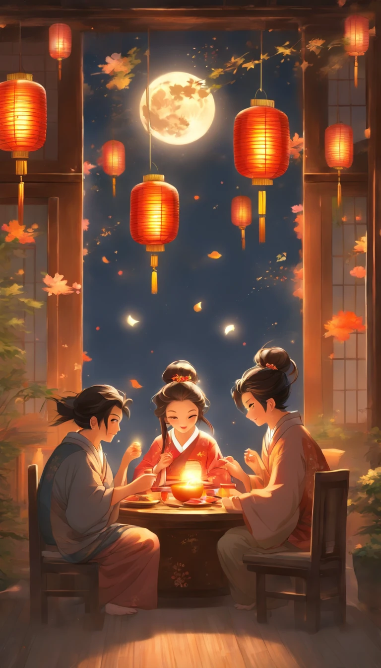 The family sits together, Enjoy a festive dinner, Surrounded by a warm and comfortable atmosphere. The room was beautifully decorated,Equipped with lanterns, Symbolizes the joy of the Mid-Autumn Festival. The table is filled with a variety of delicacies, Includes traditional mooncakes. Moonlight shone through the windows, Cast a soft glow on everyone's face. The family laughed and chatted, Express their love and happiness on this special occasion. The artwork is created with the finest materials, Such as oil painting or high-resolution digital rendering, Ensure the highest quality and detail. The colors are vivid and vibrant, Create visually stunning representations for holiday celebrations. Well-designed lighting, Focus on capturing the warm and tranquil atmosphere of the evening. The artwork is a masterpiece, With ultra-fine elements and realism, Photorealistic style. The moon in the night sky is depicted as a perfect circle, Represents the full moon of the Mid-Autumn Festival. The scene was full of fun, Love, and togetherness, Capture the essence of the festival.You can see the round moon hanging high