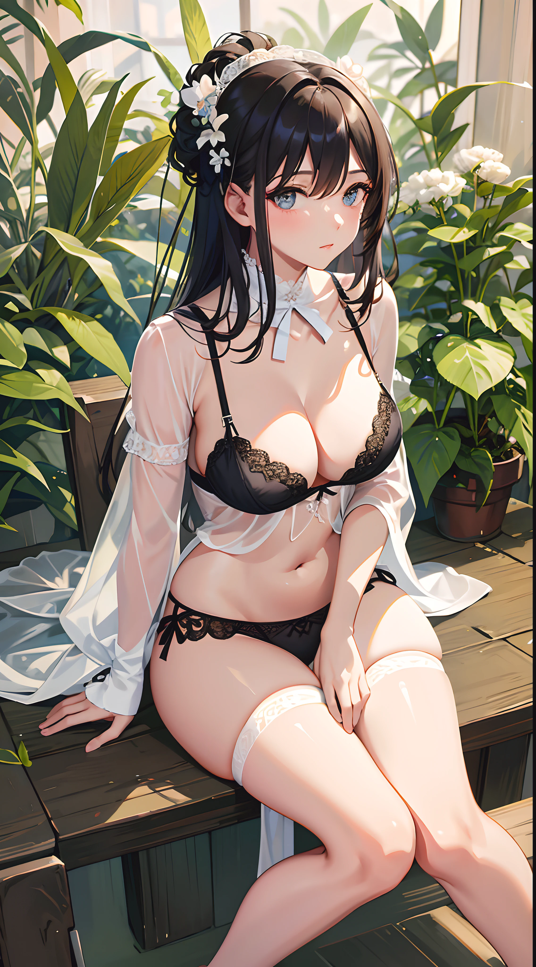 a beauti,wearing white lace lingerie,Big chest,exposing thighs,Perfect hands,is shy