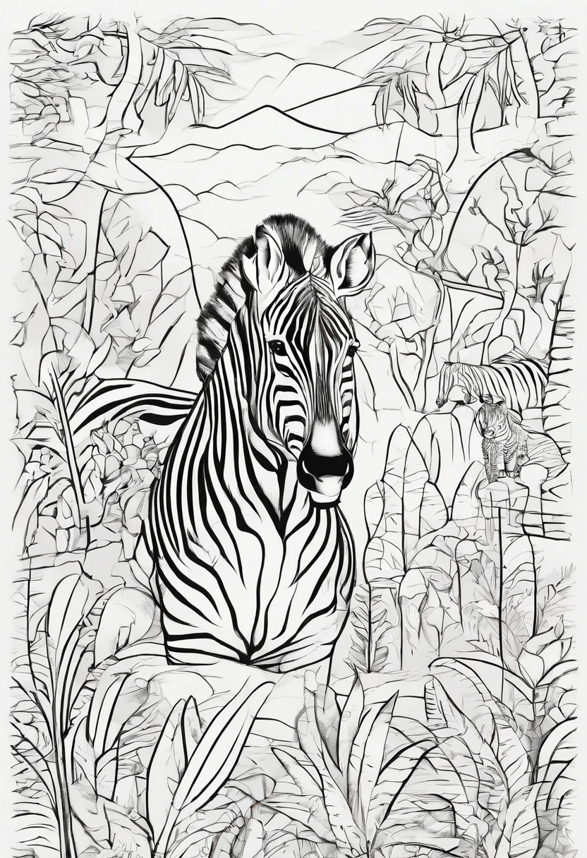 Zoo animals,zebra, cartoon style, line drawing background, white background, monochrome, line drawing, ((sketch)), for coloring