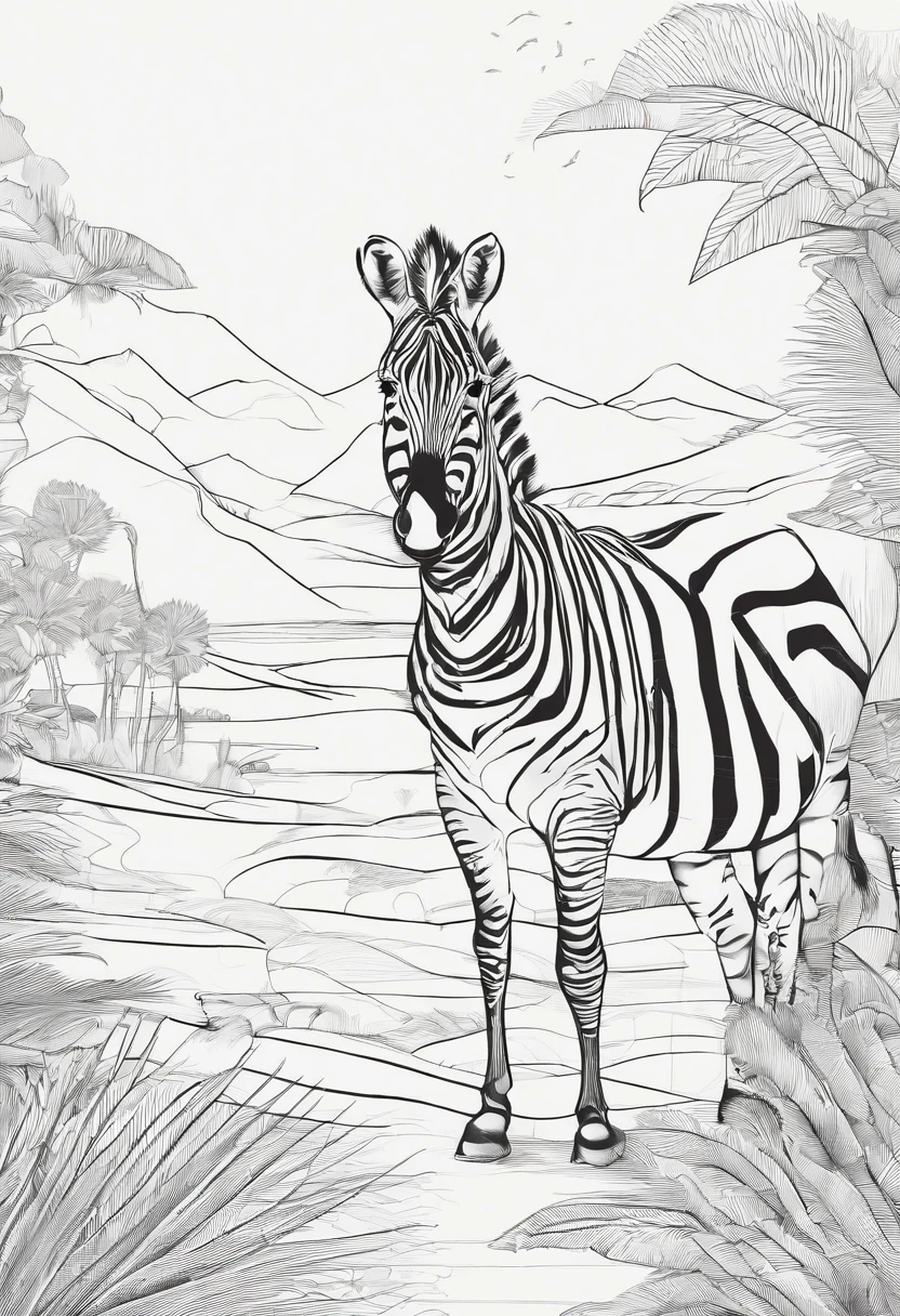 Zoo animals,zebra, cartoon style, line drawing background, white background, monochrome, line drawing, ((sketch)), for coloring