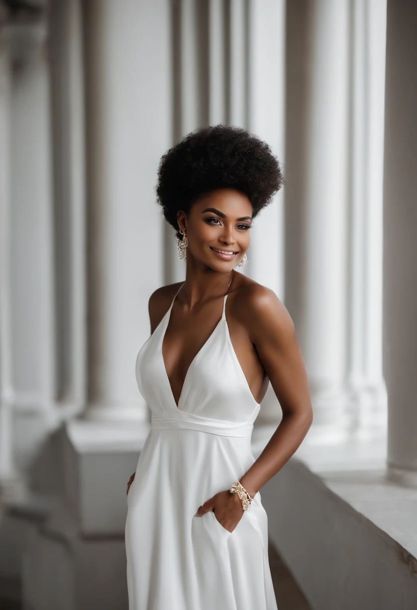 Mulher brasileira com cabelo cacheado afro usando um vestido branco, liso, flowing silk dress, vestido tecido leve, mulher jovem muito bonita, mulher bonita jovem, mulher jovem bonita, belo rosto jovem, modelo bonito da menina, belo rosto delicado, menina modelo bonita, modelo feminino bonito, foto retrato suave 8 k, mulher com cabelo crespo afro, mulher bonita do rosto, rosto bonito atraente, rosto bonito feminino, rosto feminino bonito, beautiful face and flawless skin , corpo inteiro