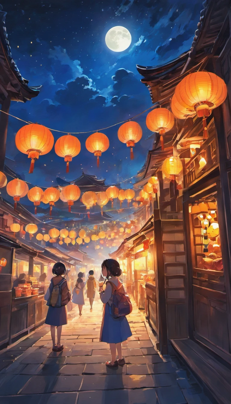 On a peaceful autumn night，A bright full moon hangs high in the clear blue night sky，A little star shines。In a beautiful square，Two cute pandas standing under the moon，They silently look forward，As if waiting for an important moment。
Traditional celebratory installations are arranged in the square，Bamboo lanterns and art installations dot the entire environment，Add a mysterious atmosphere to the festival。The stalls are filled with mooncakes of various flavors，Exudes an enticing aroma，People waiting to taste。and as night falls，The lights gradually come on，It adds a unique color to the square。
In the night sky，Gorgeous fireworks bloom，Bring the whole celebration to a climax，People look up at the sky，Cheers celebrate the Mid-Autumn Festival。The moment is filled with tradition and a spirit of celebration，Present memorable artistic pictures。