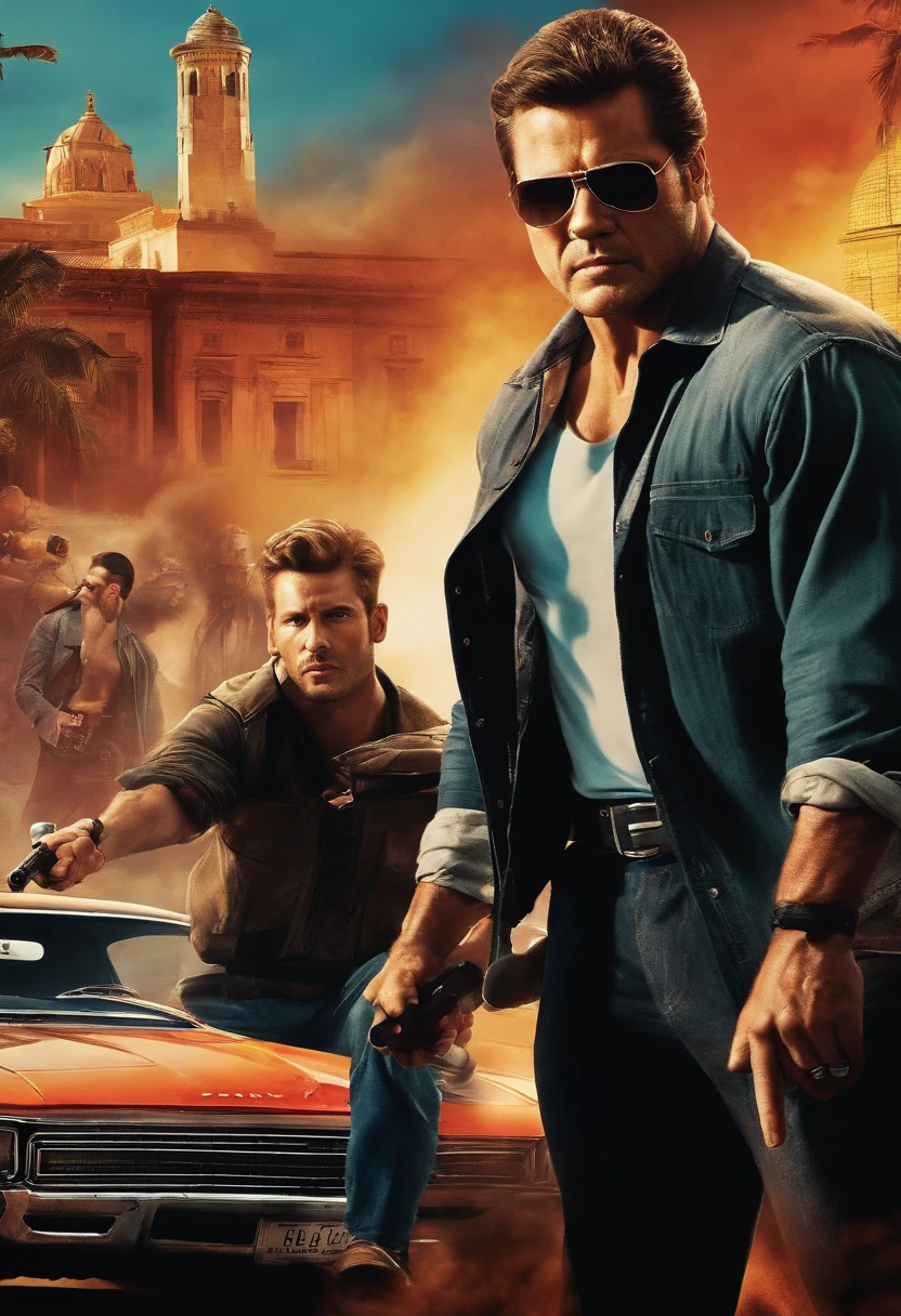 a sequence of action-packed scenes, including shootouts, car chases, and street brawls.