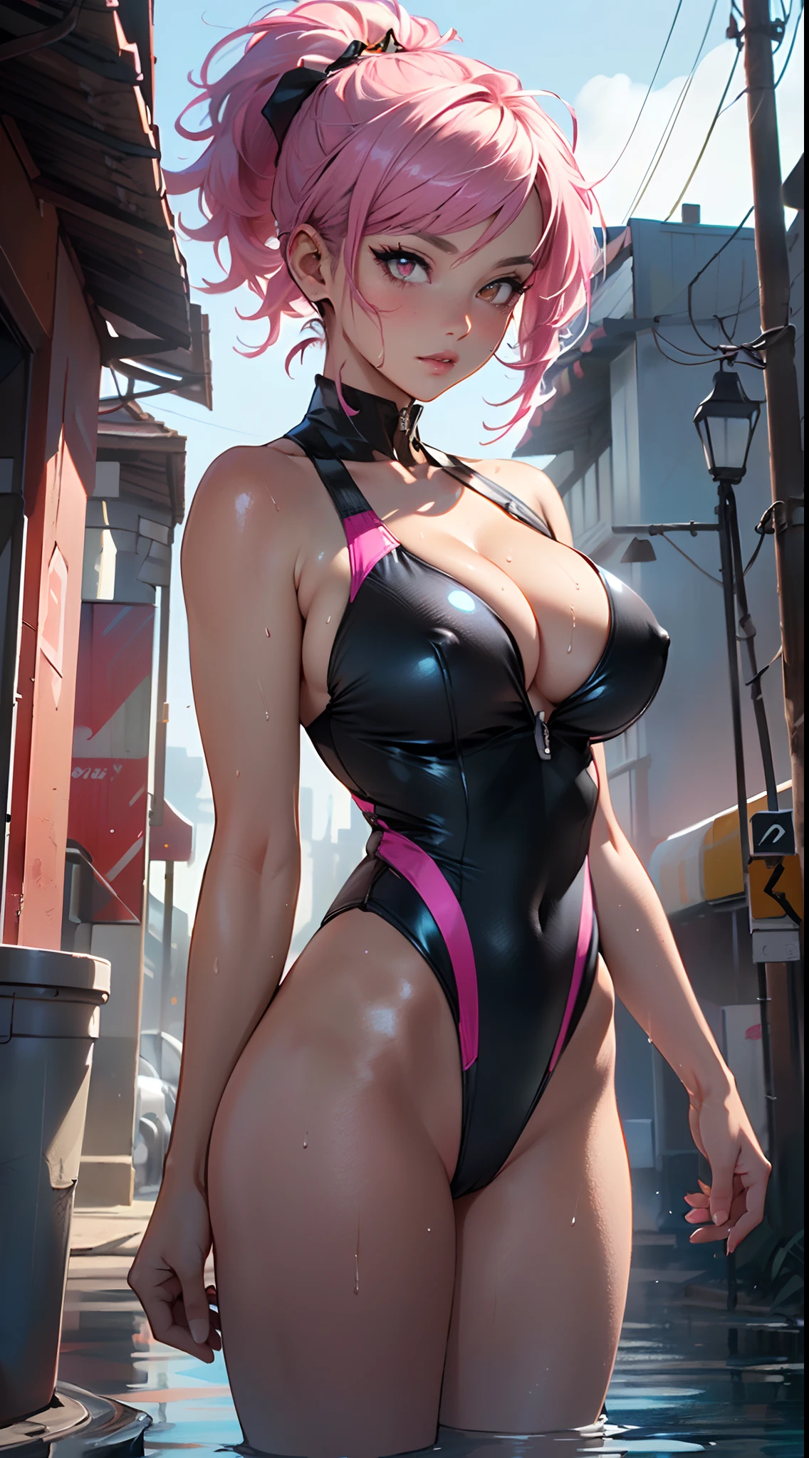 cute bunny girl,(((1girl))),((muscle bunny girl with extremely cute and beautiful magenta hair)),(((bunny girl,anthro furry cute,bunny-girl))),(((bunny ears:1.5,bunny ears on head,big bunny ears))),
(large breasts:1.4),saggy breasts,(((magenta hair:1.35,colored inner hair,ear breathing,ponytail hair))),((heterochromia:1.5, (pink_eye and yellow_eye))),intricate eyes,beautiful detailed eyes,symmetrical eyes,((fat)),(((lustrous skin:1.5,bright skin: 1.5,skin tanned,shiny skin,very shiny skin,shiny body,plastic glitter skin,exaggerated shiny skin,illuminated skin,wet legs))),(spider lower abdomen,narrow waist,wide hip,athletic body,inflated legs,delicate detailed fingers,detailed body,human hands,(detailed face)),muscular,muscular girl,(ABS:1.1),
cute,slutty,seductive,erotic,(((nsfw))),
zettai ryouiki,((slingshot swimsuit black,wearing a slingshot swimsuit outfit:1.3,swimsuit type spacesuit,black armor swimsuit:1.3)),(((huge cleavage))),((wet clothes,intricate outfit,intricate clothes)),
(dynamic pose:1.0),solo focus,embarrassed,(centered,scale to fit dimensions,Rule of thirds),
cyberpunk city by the ocean at night, with bright neon signs and dark stormy clouds and puddles, scenery:1.25,
highres, sharp focus, (ultra detailed, extremely detailed), (photorealistic artwork:1.37),(extremely detailed CG unity 8k wallpaper),((synthwave background theme)),(((vibrant colors))),(intricate background),(masterpiece),(best quality),