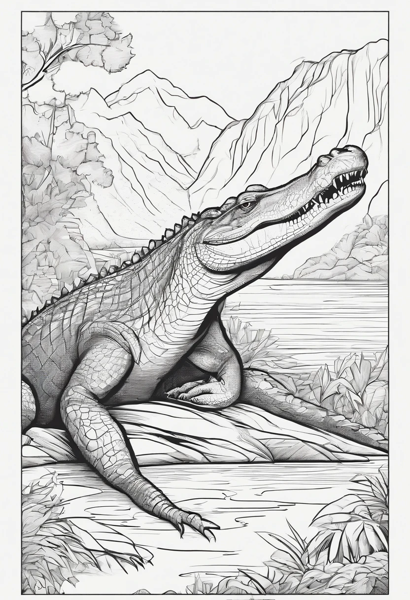 Zoo animals,crocodile , cartoon style, line drawing background, white background, monochrome, line drawing, ((sketch)), for coloring