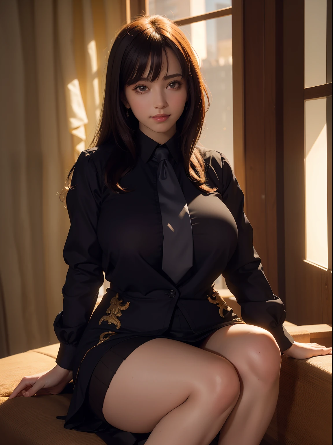 ((nsfw)),((gigantic breasts:1)),((sheer cloths:1)),((smile:1)),(sitting down),1girl, intricate detail, masterpiece, best quality, extremly detailed,cinematic lighting, beautiful detailed glow, finely detailed beautiful face and eyes, 8k, dark intense shadows, yellow eyes, medium hair, black hair, bangs, floating hair, black jacket, open jacket, white shirt, expressionless, yellow necktie, black skirt, spotlight, sunshine, sunrise, gradient sky, city, lens flare, cowboy shot, [[curvy]], [mature female]