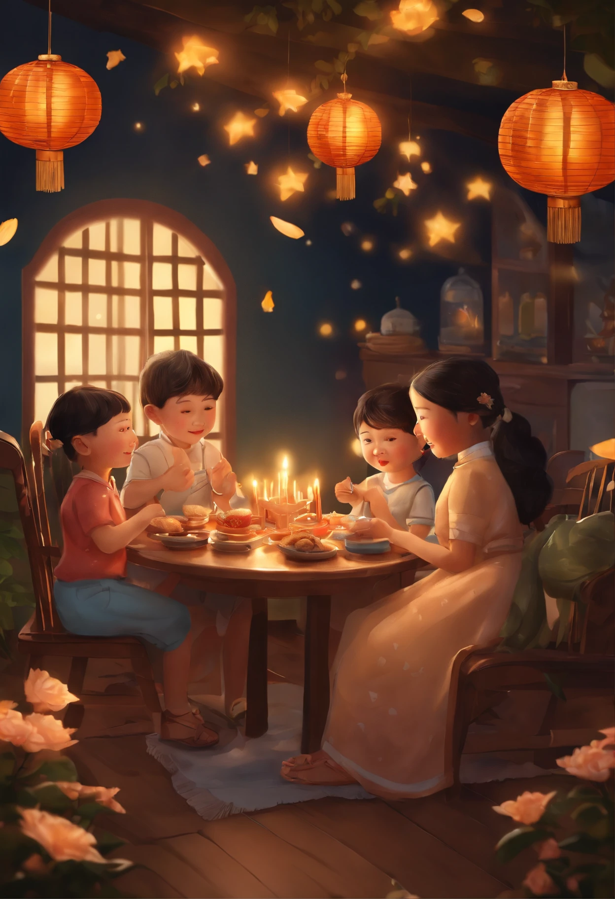 (top-quality、8K、tmasterpiece:1.3)、Full moon and stars in sky illustration，The family sits together eating mooncakes,Mom and dad laugh with the kids，Have in the living room、Bright house scene，extremely detailed face and skin，Heartwarming scene，perfect  detail