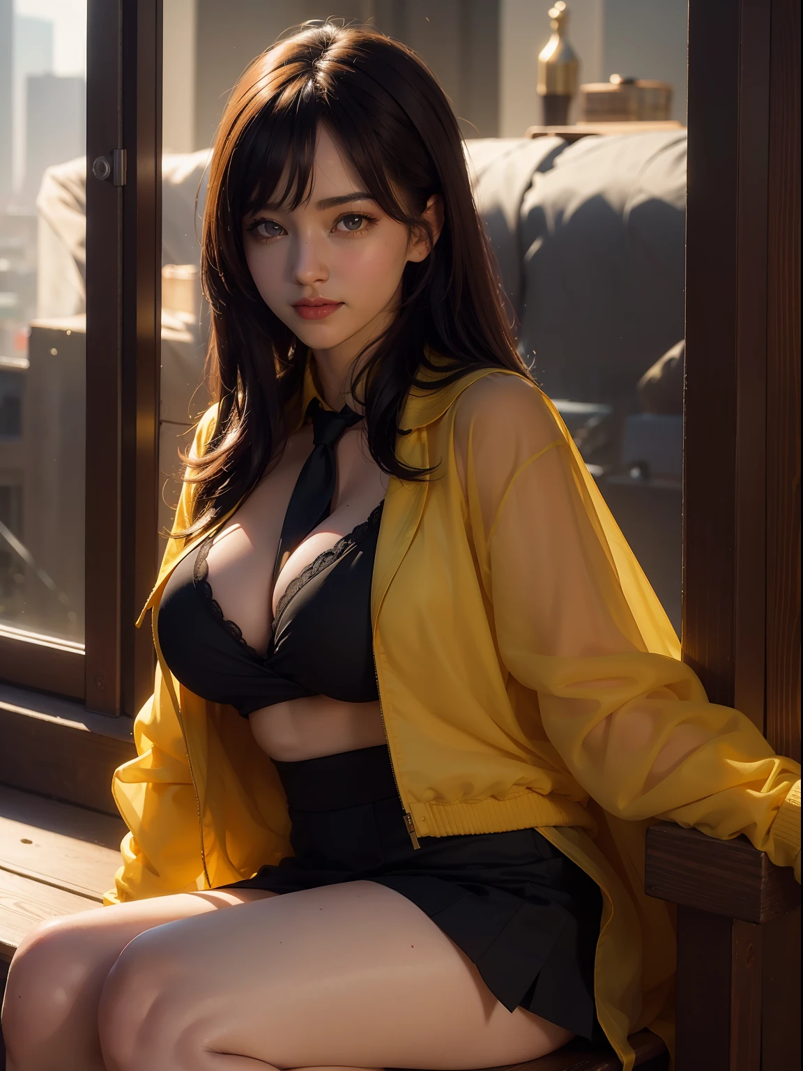 ((nsfw)),((gigantic breasts:1)),((sheer cloths:1)),((smile:1)),(sitting down),1girl, intricate detail, masterpiece, best quality, extremly detailed,cinematic lighting, beautiful detailed glow, finely detailed beautiful face and eyes, 8k, dark intense shadows, yellow eyes, medium hair, black hair, bangs, floating hair, black jacket, open jacket, white shirt, expressionless, yellow necktie, black skirt, spotlight, sunshine, sunrise, gradient sky, city, lens flare, cowboy shot, [[curvy]], [mature female]