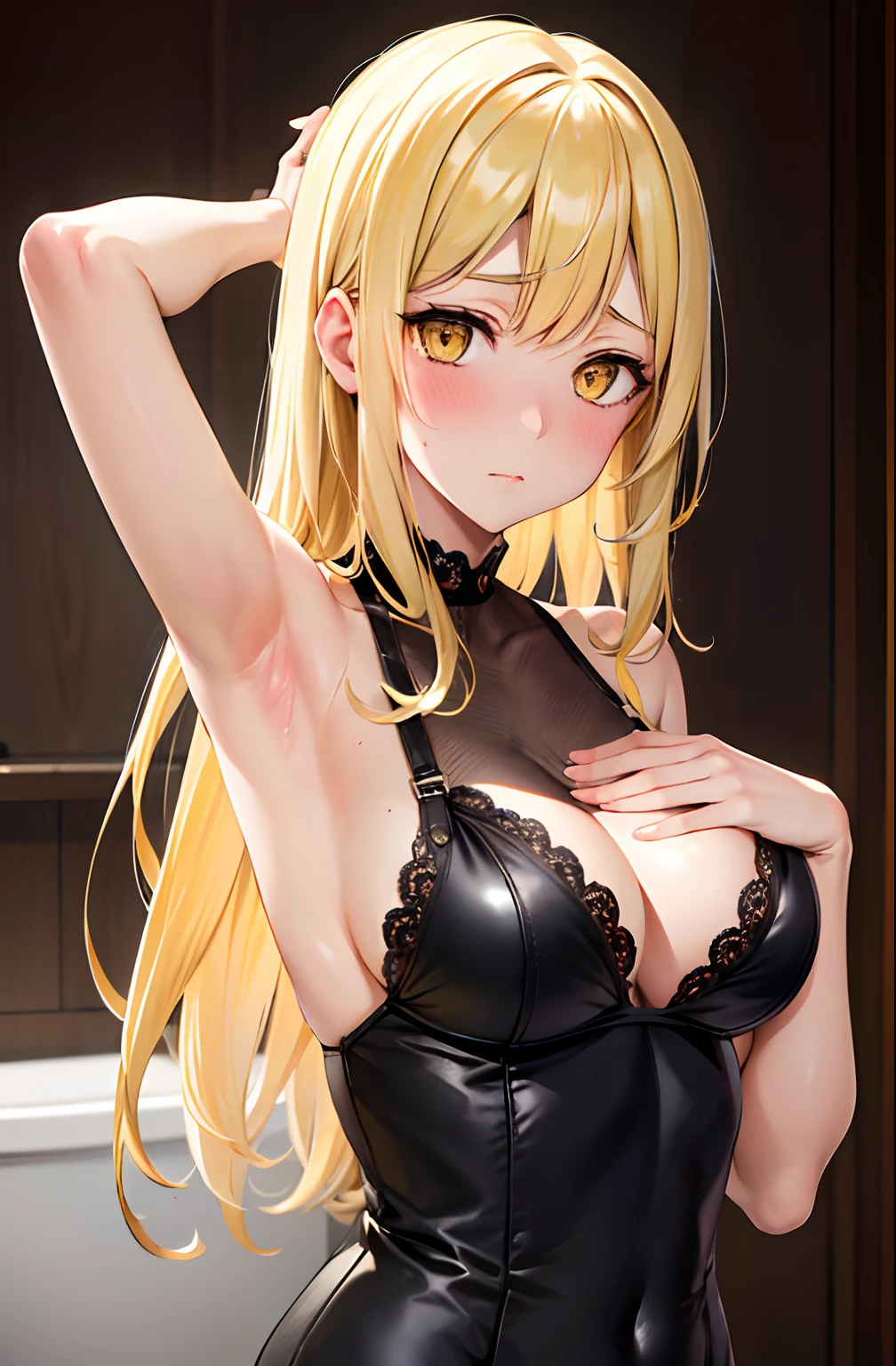 masutepiece, Best Quality, 1girl in, Looking at Viewer, Cute, Bra, medium breasts, Yellow eyes,  Behind Wallenstein,  Yellow hair, Long hair, Beautiful detailed eyes, embarrassed,red blush,Put your hands on your head,armpit, (Upper body:1.4), Toilet background, ((mistress, Authority))