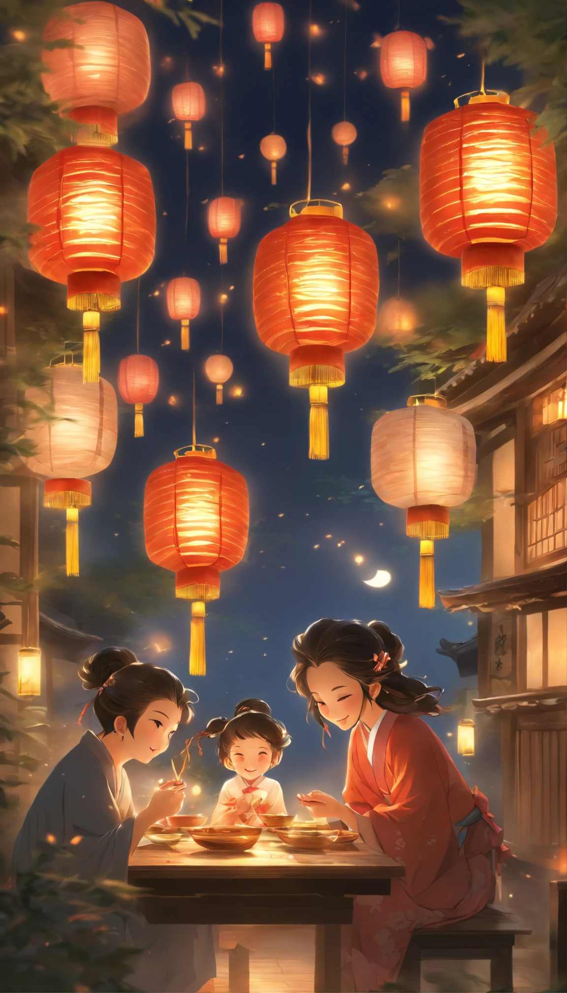 The family sits together, Enjoy a festive dinner, Surrounded by a warm and comfortable atmosphere. The room was beautifully decorated,Equipped with lanterns, Symbolizes the joy of the Mid-Autumn Festival. The table is filled with a variety of delicacies, Includes traditional mooncakes. Moonlight shone through the windows, Cast a soft glow on everyone's face. The family laughed and chatted, Express their love and happiness on this special occasion. The artwork is created with the finest materials, Such as oil painting or high-resolution digital rendering, Ensure the highest quality and detail. The colors are vivid and vibrant, Create visually stunning representations for holiday celebrations. Well-designed lighting, Focus on capturing the warm and tranquil atmosphere of the evening. The artwork is a masterpiece, With ultra-fine elements and realism, Photorealistic style. The moon in the night sky is depicted as a perfect circle, Represents the full moon of the Mid-Autumn Festival. The scene was full of fun, Love, and togetherness, Capture the essence of the festival.You can see the round moon hanging high