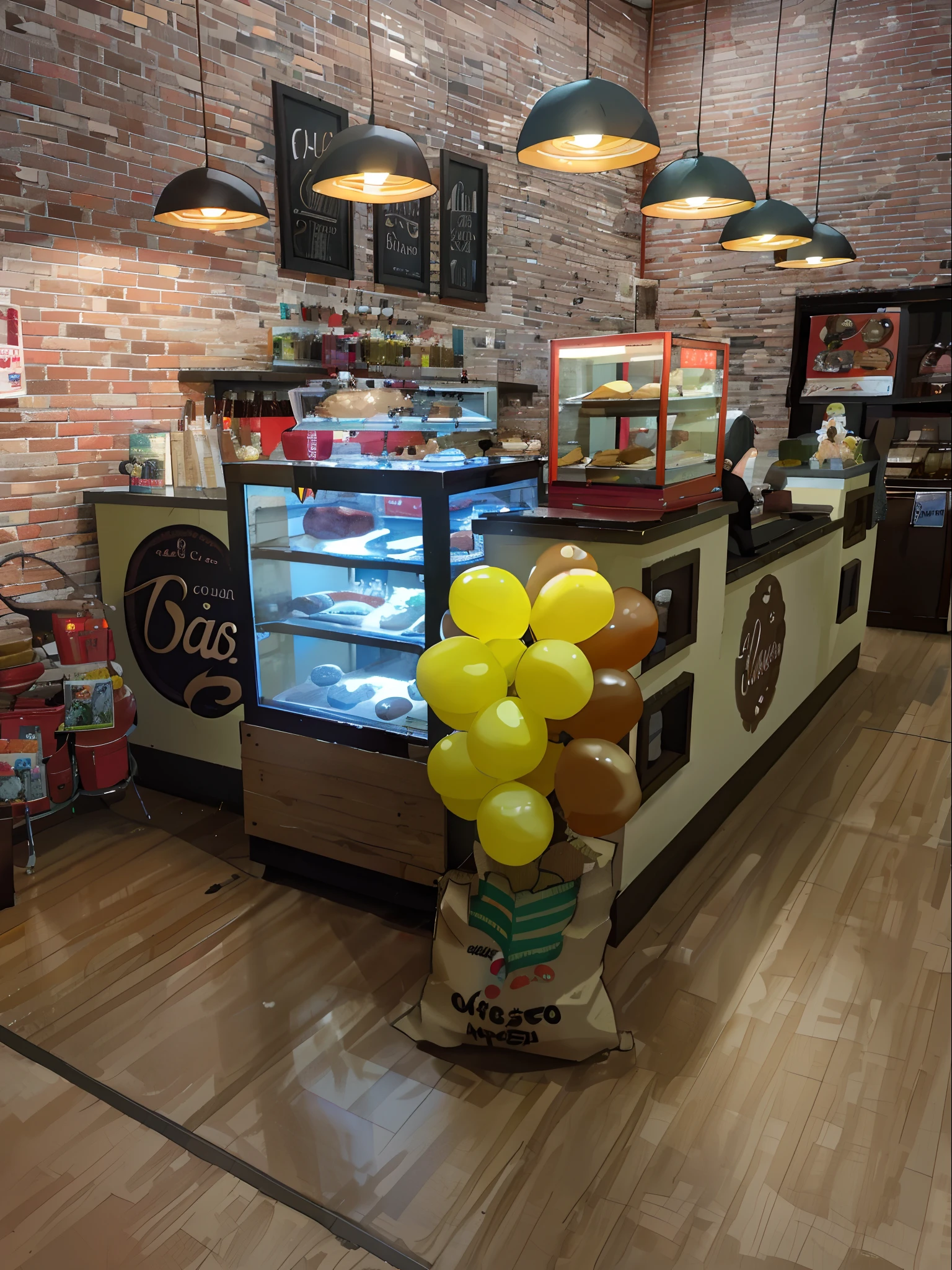 There is a bag of balloons sitting on the floor in front of a counter, celebration of coffee products, fantasy bakery interior setting, foto para uma loja, obra-prima obra de arte, basil gogos, padaria, um tiro largo e cheio, padaria bonito, cafe interior, loja de doces em um shopping, inspirado em Cafer Bater, atmosfera calorosa e alegre