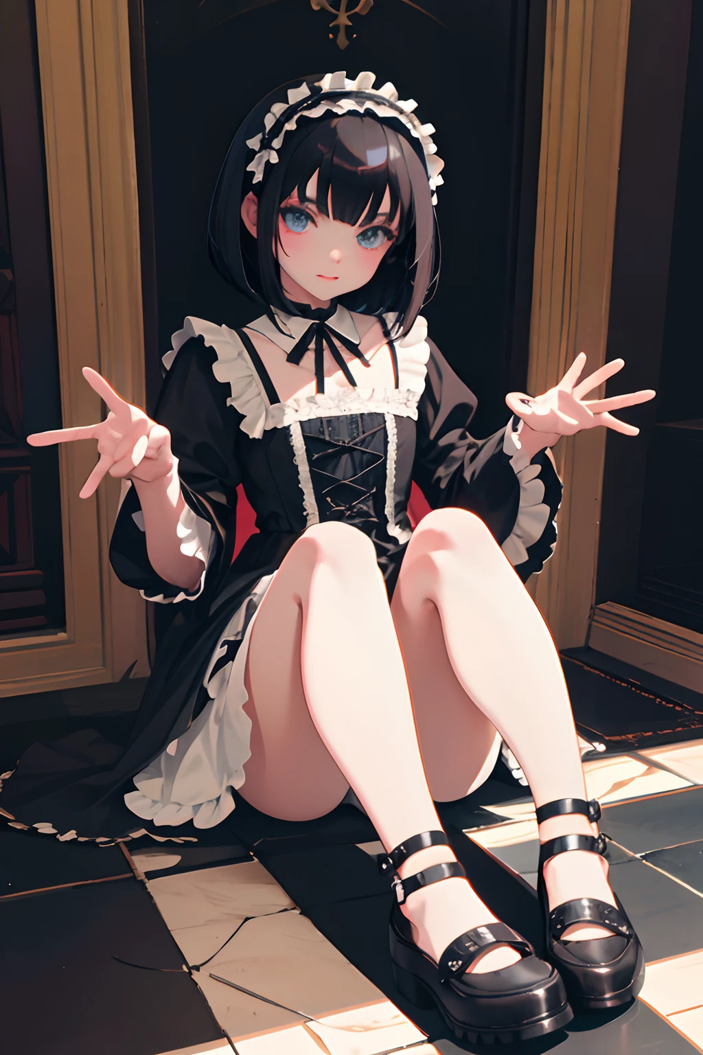 Holding your knees,sitting down on the floor,child,(masterpiece,Highest Quality),Gothic ta Fashion,A dark-haired,Medium bob