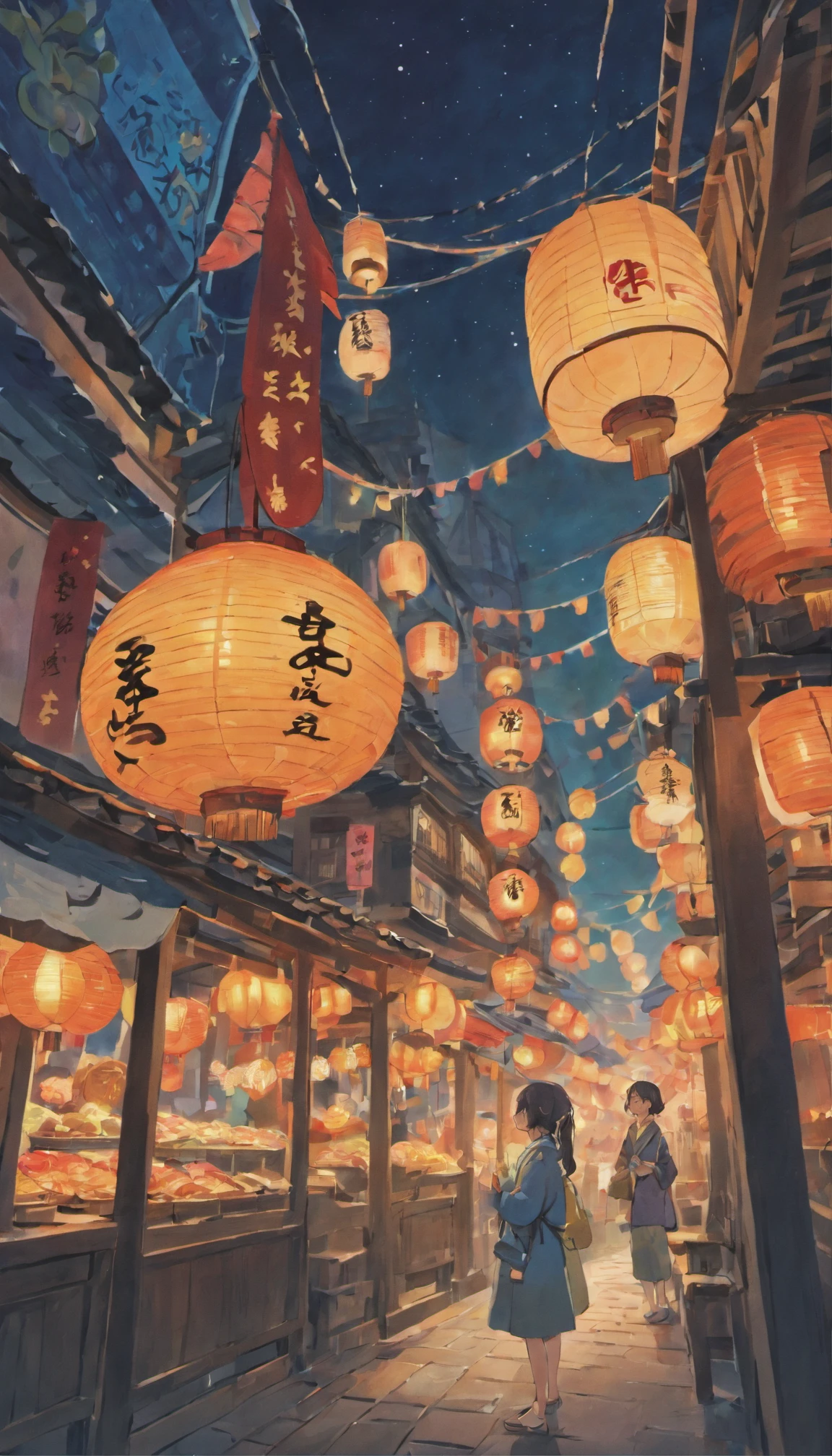 On a peaceful autumn night，A bright full moon hangs high in the clear blue night sky，A little star shines。In a beautiful square，Two cute pandas standing under the moon，They silently look forward，As if waiting for an important moment。
Traditional celebratory installations are arranged in the square，Bamboo lanterns and art installations dot the entire environment，Add a mysterious atmosphere to the festival。The stalls are filled with mooncakes of various flavors，Exudes an enticing aroma，People waiting to taste。and as night falls，The lights gradually come on，It adds a unique color to the square。
In the night sky，Gorgeous fireworks bloom，Bring the whole celebration to a climax，People look up at the sky，Cheers celebrate the Mid-Autumn Festival。The moment is filled with tradition and a spirit of celebration，Present memorable artistic pictures。