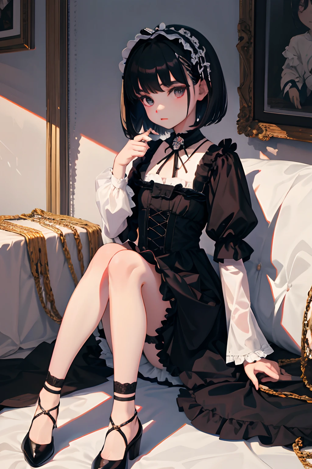 Holding your knees，sitting down on the floor，，（​masterpiece，Highest Quality），Gothic Lolita Fashion，A dark-haired，Medium bob