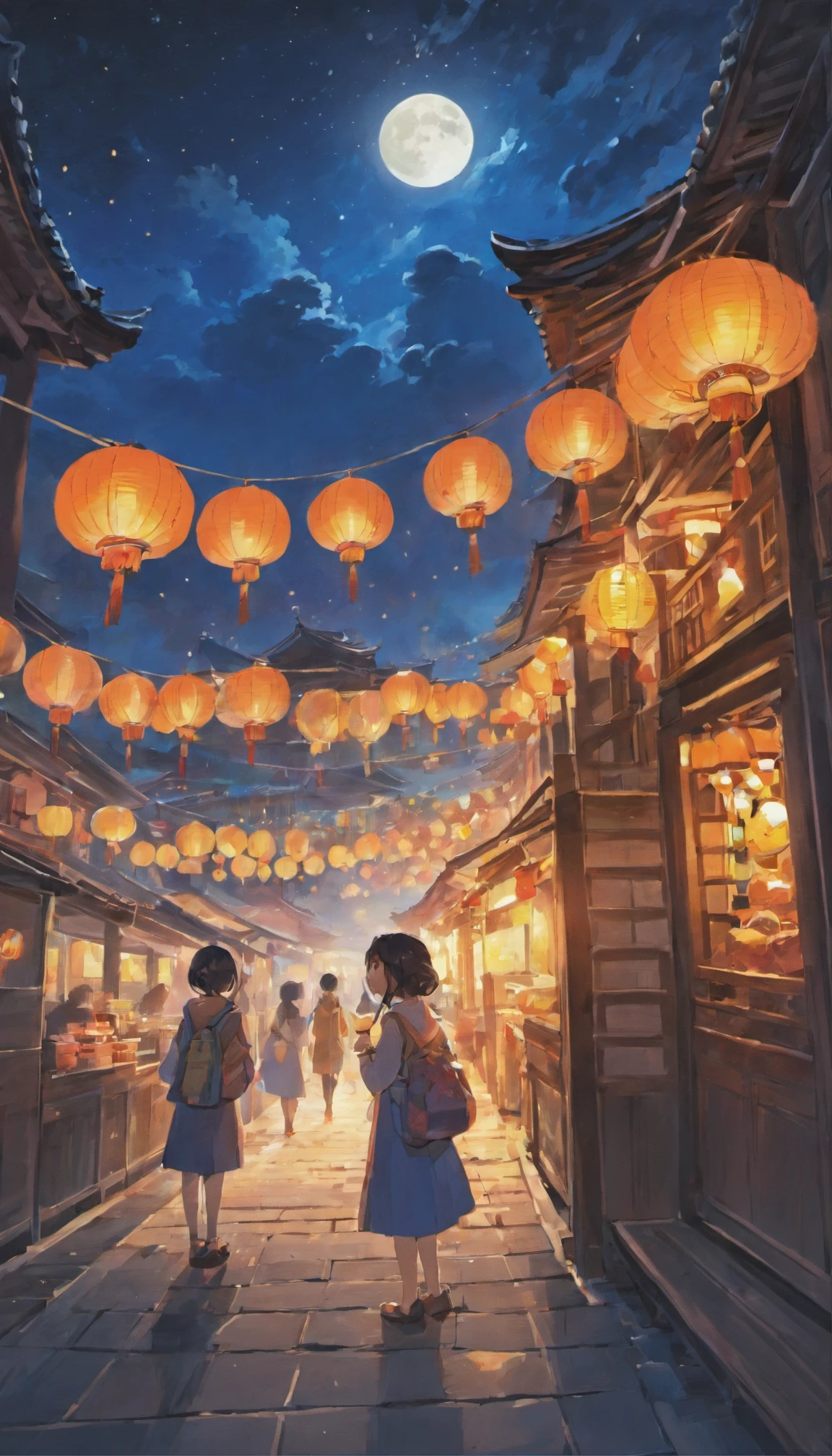 On a peaceful autumn night,A bright full moon hangs high in the clear blue night sky,A little star shines。In a beautiful square,Two cute pandas standing under the moon,They silently look forward,As if waiting for an important moment。
Traditional celebratory installations are arranged in the square,Bamboo lanterns and art installations dot the entire environment,Add a mysterious atmosphere to the festival。The stalls are filled with mooncakes of various flavors,Exudes an enticing aroma,People waiting to taste。and as night falls,The lights gradually come on,It adds a unique color to the square。
In the night sky,Gorgeous fireworks bloom,Bring the whole celebration to a climax,People look up at the sky,Cheers celebrate the Mid-Autumn Festival。The moment is filled with tradition and a spirit of celebration,Present memorable artistic pictures。