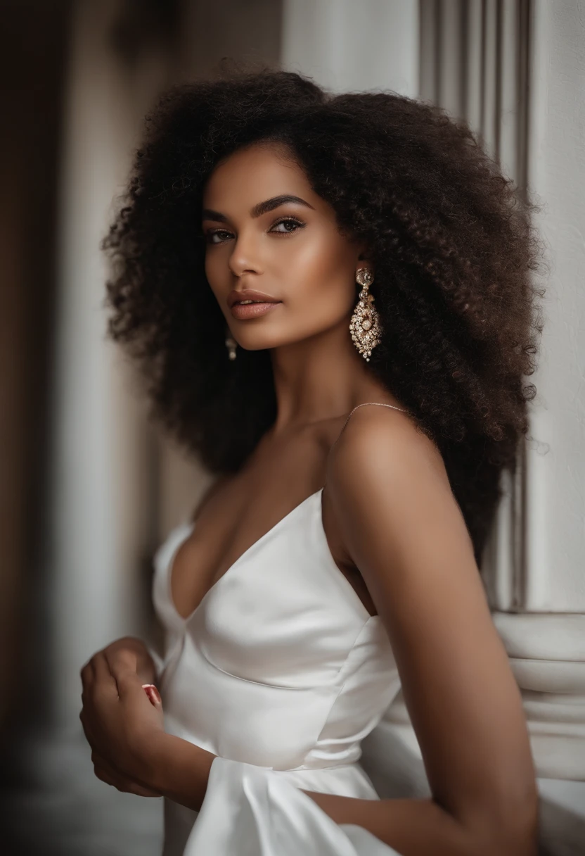 Mulher brasileira com cabelo cacheado afro usando um vestido branco, liso, flowing silk dress, vestido tecido leve, mulher jovem muito bonita, mulher bonita jovem, mulher jovem bonita, belo rosto jovem, modelo bonito da menina, belo rosto delicado, menina modelo bonita, modelo feminino bonito, foto retrato suave 8 k, mulher com cabelo crespo afro, mulher bonita do rosto, rosto bonito atraente, rosto bonito feminino, rosto feminino bonito, beautiful face and flawless skin , corpo inteiro