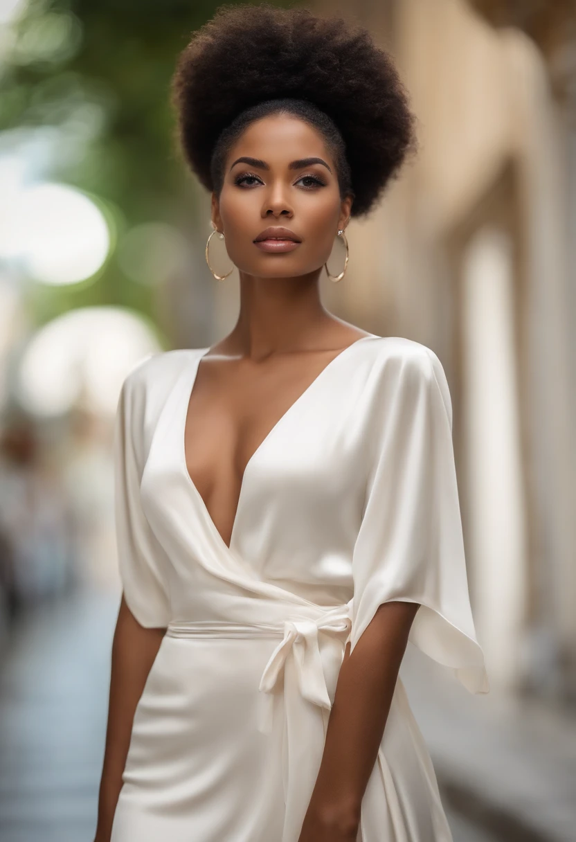 Mulher brasileira com cabelo cacheado afro usando um vestido branco, liso, flowing silk dress, vestido tecido leve, mulher jovem muito bonita, mulher bonita jovem, mulher jovem bonita, belo rosto jovem, modelo bonito da menina, belo rosto delicado, menina modelo bonita, modelo feminino bonito, foto retrato suave 8 k, mulher com cabelo crespo afro, mulher bonita do rosto, rosto bonito atraente, rosto bonito feminino, rosto feminino bonito, beautiful face and flawless skin , corpo inteiro