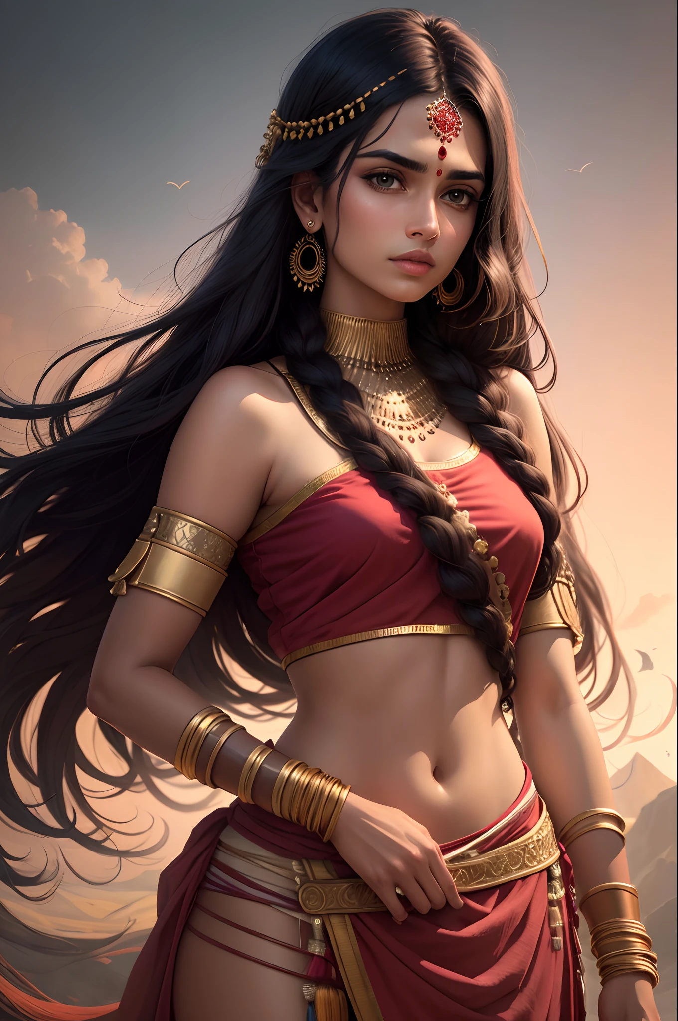 an indian warrior princess, adult, 25-year-old, 2d, line art, colourful, very long hair