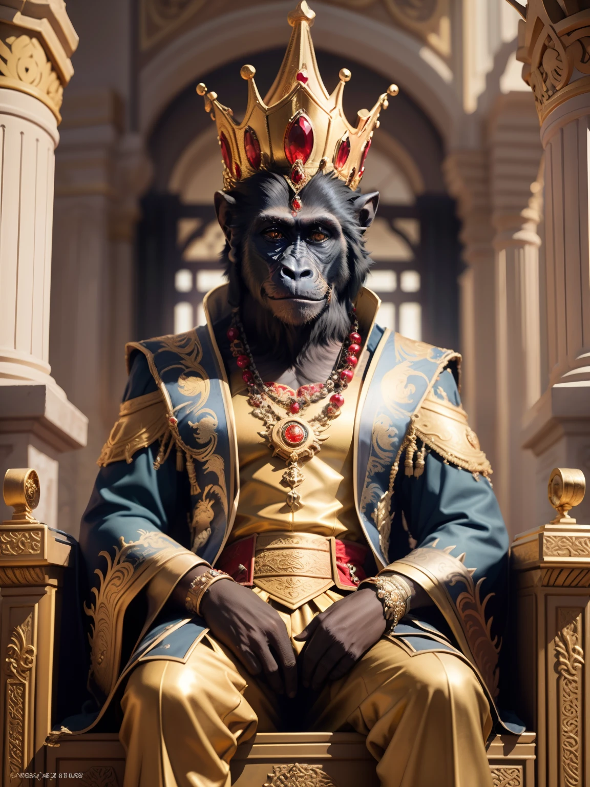 funny black monkey king, crown with red precious stones, sitting in a throne, arabic monument, arabic palace, monkey soldiers, human prisoner, photorealistic, warm light, gold, golden columns