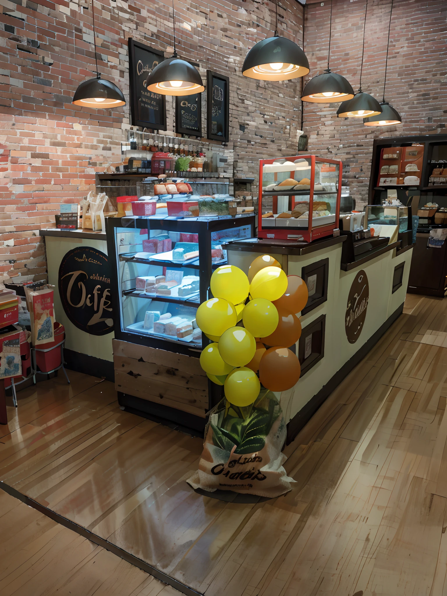 There is a bag of balloons sitting on the floor in front of a counter, celebration of coffee products, fantasy bakery interior setting, foto para uma loja, Obra-prima, basil gogos, padaria, um tiro largo e cheio, padaria bonito, cafe interior, loja de doces em um shopping, inspirado em Cafer Bater, atmosfera calorosa e alegre