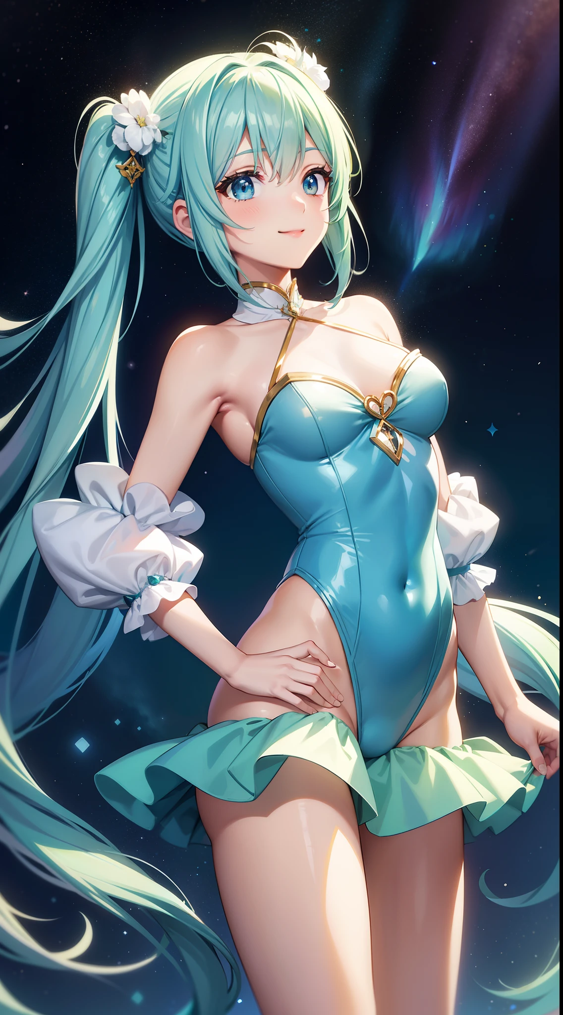 A beautiful girl that fascinates everyone A charming smile sky blue hair length hair Twin-tailed Bright green and white leotard costume Mystical Fantasia constellation a moon Crystal Brilliance Aurora Borealis in the Night Sky