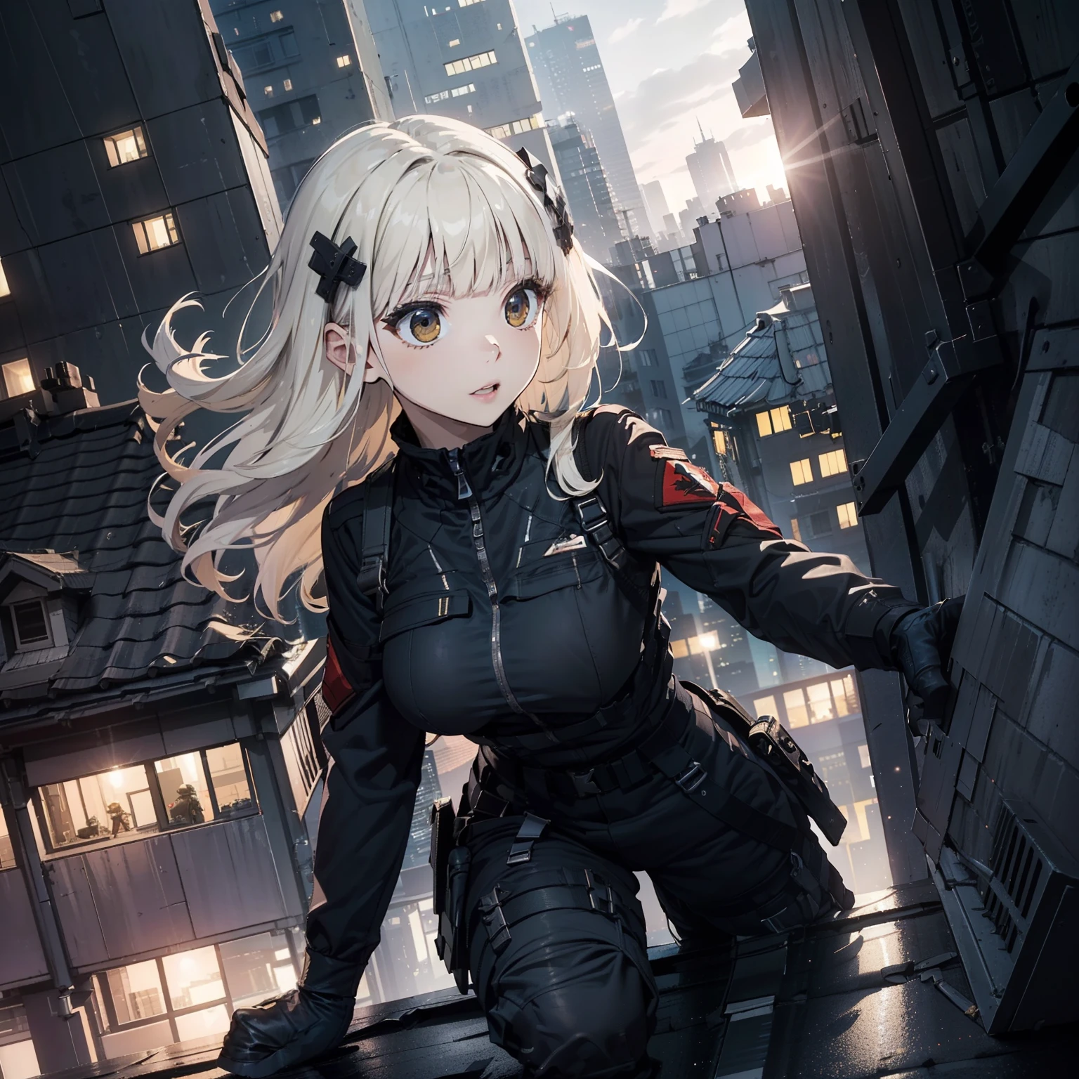(Trained female soldiers)、((holding rifle、Aim and fire:1.4、guns、h&K HK416))、1 Women、thick body、(Black combat uniform)、(platinum-blonde-hair:1.2)、((超A high resolution))、Detail Write、​masterpiece、top-quality、extremely details CG、8K picture quality、Cinematographic lighting、lensflare、(Skyscraper rooftop at night:1.4)、Hyper-detailing、((Dynamic angle bust shots:1.4))、Detailed firearm depiction、Rifle with perfect detail、Perfect barrel that does not distort、Fighter in the sky、Military drones