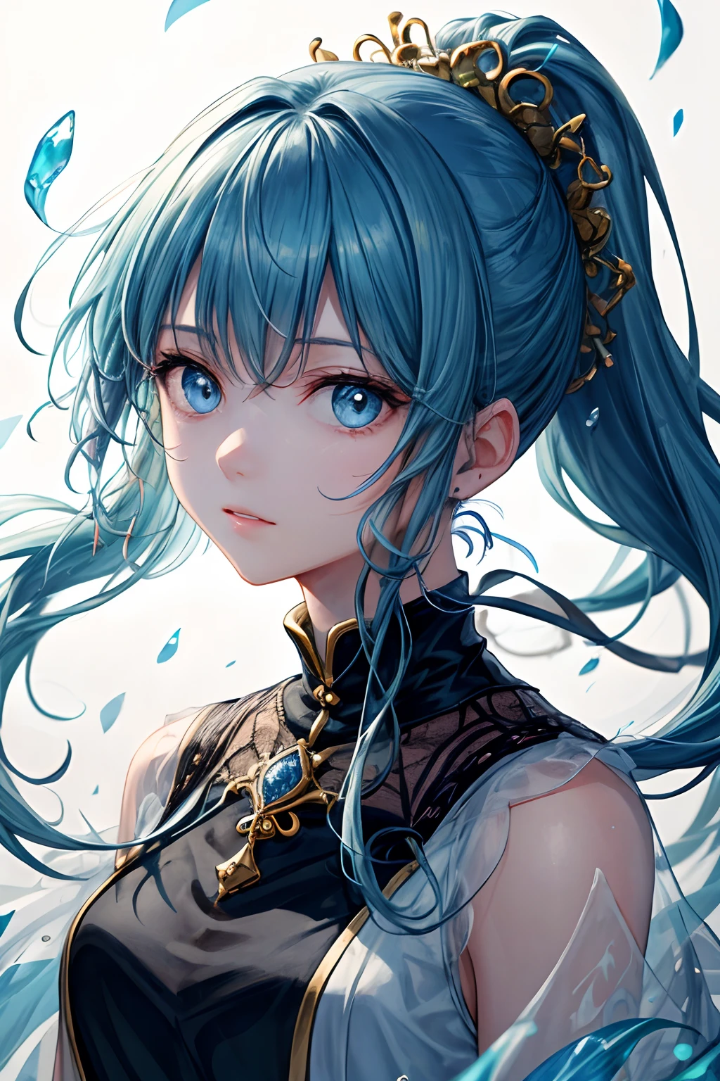(masterpiece), (best quality), (ultra detailed),(disheveled hair),(illustration), (1girl), (Fashionable clothing), standing, Fashion model, looking at viewer, (interview), (simple background),beautiful detailed eyes, delicate beautiful face, Floating,(high saturation),(colorful splashes),colorful bubble,(shining), focus on face, ponytail, kamisato ayaka, light blue hair, bangs, hair ring, floating flowers, floating hairs, (shining), best lighting, best shadow,