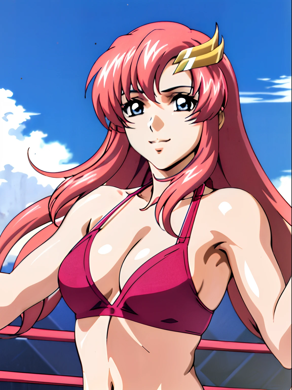 (masterpiece, upper body view, 4K, Best Quality, Anime style: 1.9,, Adult Woman, ultra detailed face, (cloud background, wrestling), Drawing lines, high resolution, Anime, lacus4), 1girl, Solo, curvy figure, Long hair, 鎖骨, scapular, (Detailed wide hair bangs, Hair Ornament, Detailed reddish-pink hair, golden crest), cleavage, large hands, (female wrestler). (Big blue eyes, shiny eyes), ((female wrestler, little biceps, slender body, broad shoulders, closed fists)), ((perfect proportions, medium breasts, long belly)), (((bikini, pink wrestling gear))), happy, smile, (standing, looking at the viewer), showing off underarm