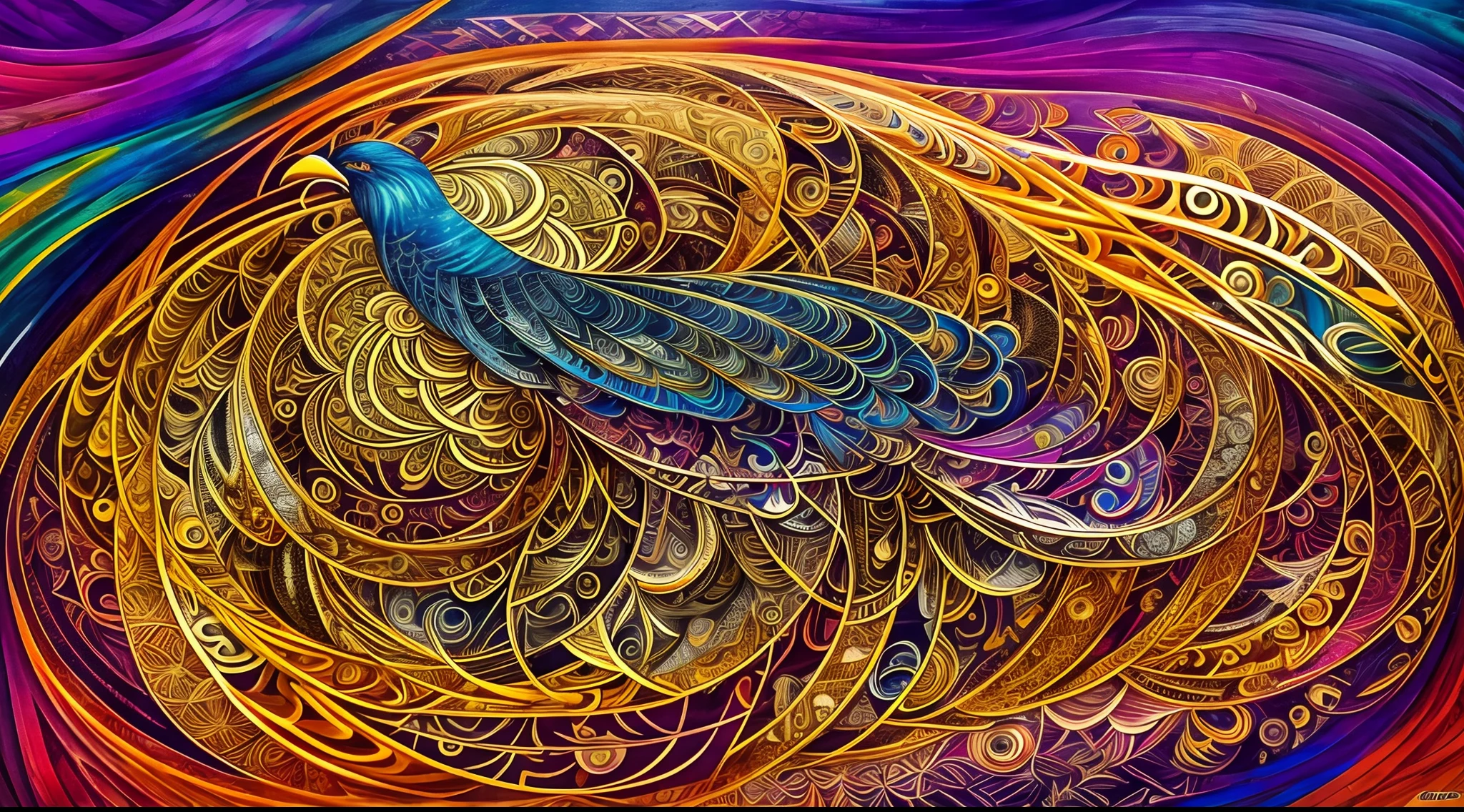 Official Art, Unified 8k Wallpaper, Ultra Detailed, Beautiful Beauty, Beautiful, Masterpiece, Best Quality, (Zentangle, Mandala, Tangled, Entangle), (Flower Ecstasy: 1.2) Dynamic Angle, Cowboy Shot, The Most Beautiful Chaotic Forms, Elegance, Fauvist Design, Bright Colors, Romanticism, Atmosphere, Golden Crow, Sun God, Feathers, Fire,