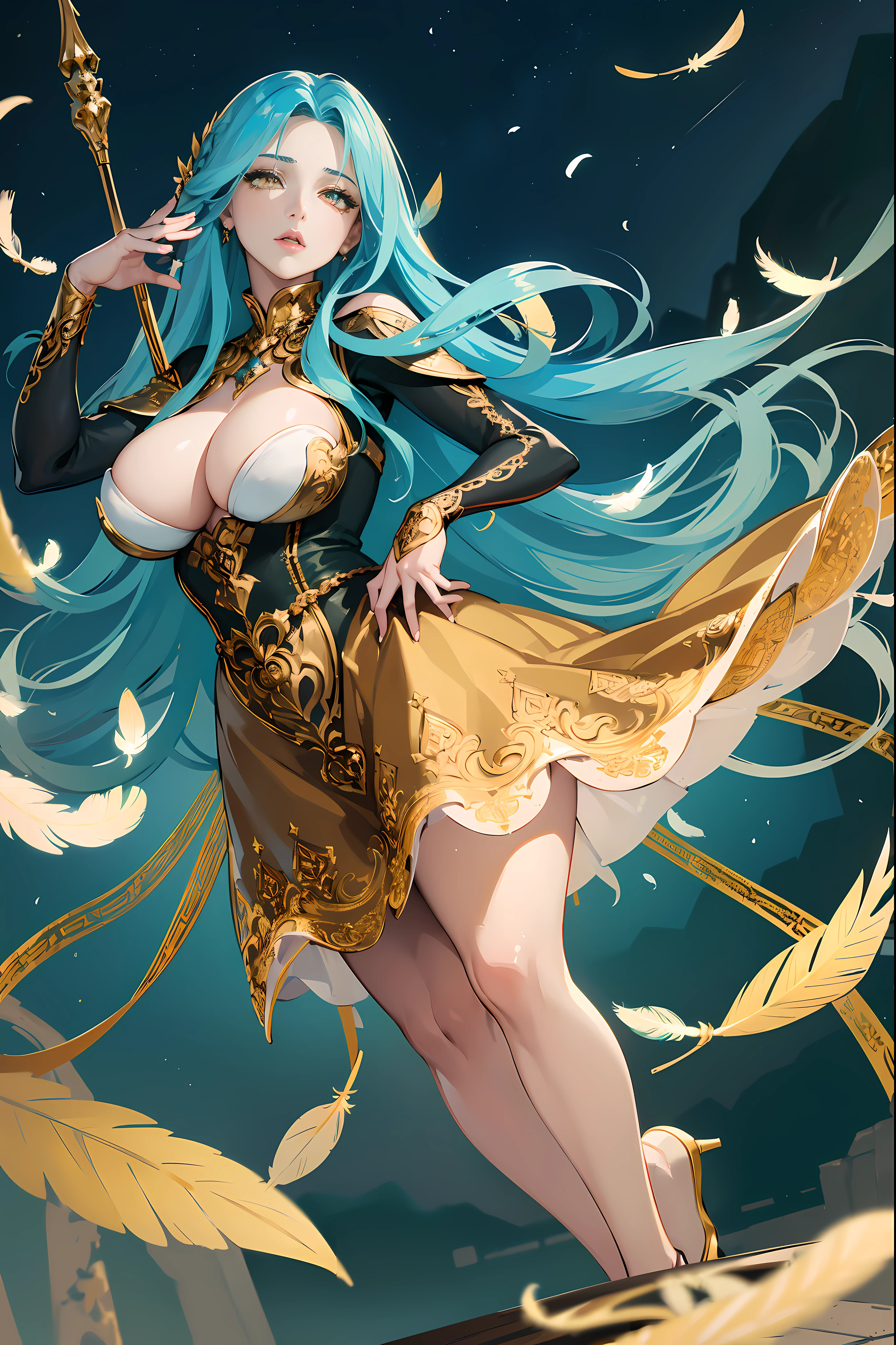 ,[(((Very elegant dress))),(epic masterpiece:1.35), (ultra high res, absurdres:1.2),(feathers covering body:1.6), (19 years old:1.2), (woman:1.1), (intense gaze:1.15), (flowing hair:1.25), (delicate features:1.2), (sublime curves:1.15), (ethereal lighting:1.3), (intricate background:1.2), (surreal atmosphere:1.2), (mystical allure:1.15), (golden hues:1.2), (mythical setting:1.3)],([yellow|gold] detailed-eyes:1.5),FFIXBG,girl wearing flowy dress with gigantic breasts sitting on a throne chair, sheer pantyhose, crystal high heels, detailed eyes, 4k, windy, highly detailed, full body portrait, dynamic angle, solo, outdoor,masterpiece, top quality, best quality, official art, beautiful and aesthetic:1.2),mature face,(mature female),([teal] hair:1.6),extremely detailed,long eyelashes,(lips:1.4),highest detailed,brush strokes, ink style,pale skin woman, long hair, kneeling,medium perky boobs,medium breasts,shining skin,fit waist,medium_breasts, curvy, fit waist,curvy_figure, intricately detailed, aesthetic,ink style art, gorgeous lustful sinful eyes,([yellow|gold] detailed-eyes:1.5),(glowing eyes:1.2),perfect eyes,FFIXBG,view from front,