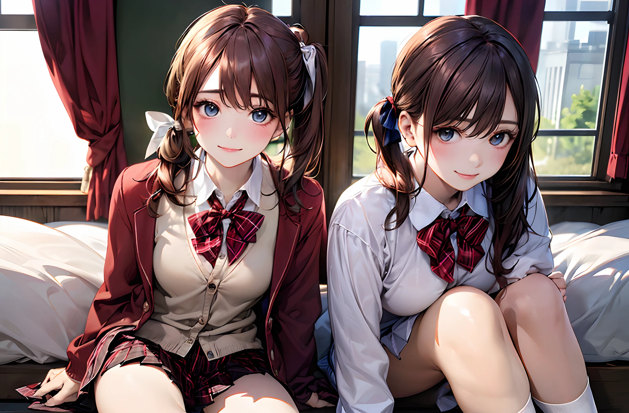 (masterpiece:1.2, top-quality), (realistic, photorealistic:1.4), beautiful illustration, NSFW, 
looking at viewer, cowboy shot, front view:0.8, 
1 girl, japanese, high school girl, light brown hair, (long hair:1.8), (side ponytail:1.7), bangs, hair between eye, blue eyes, large breasts:0.8, (thick thighs), 
beautiful hair, beautiful face, beautiful detailed eyes, beautiful clavicle, beautiful body, beautiful chest, beautiful thigh, beautiful legs, beautiful fingers, 
(beautiful scenery), dawn, bright and refreshing girl's room, curtains, 
((red blazer, pleated mini skirt, white socks, red private school uniform:1.2, light blown cardigan, red plaid pleated skirt, red plaid bow tie, red plaid hair ribbon, socks)), pink panties, 
(swollen), ((seductive posture: 1.2, attractiveness: 1.2)), 
(erotic, sexy, upper eyes, smile), shiny skin, 
perfect face, cute and symmetrical face, natural side lighting, movie lighting), 
sleeping bed, ,