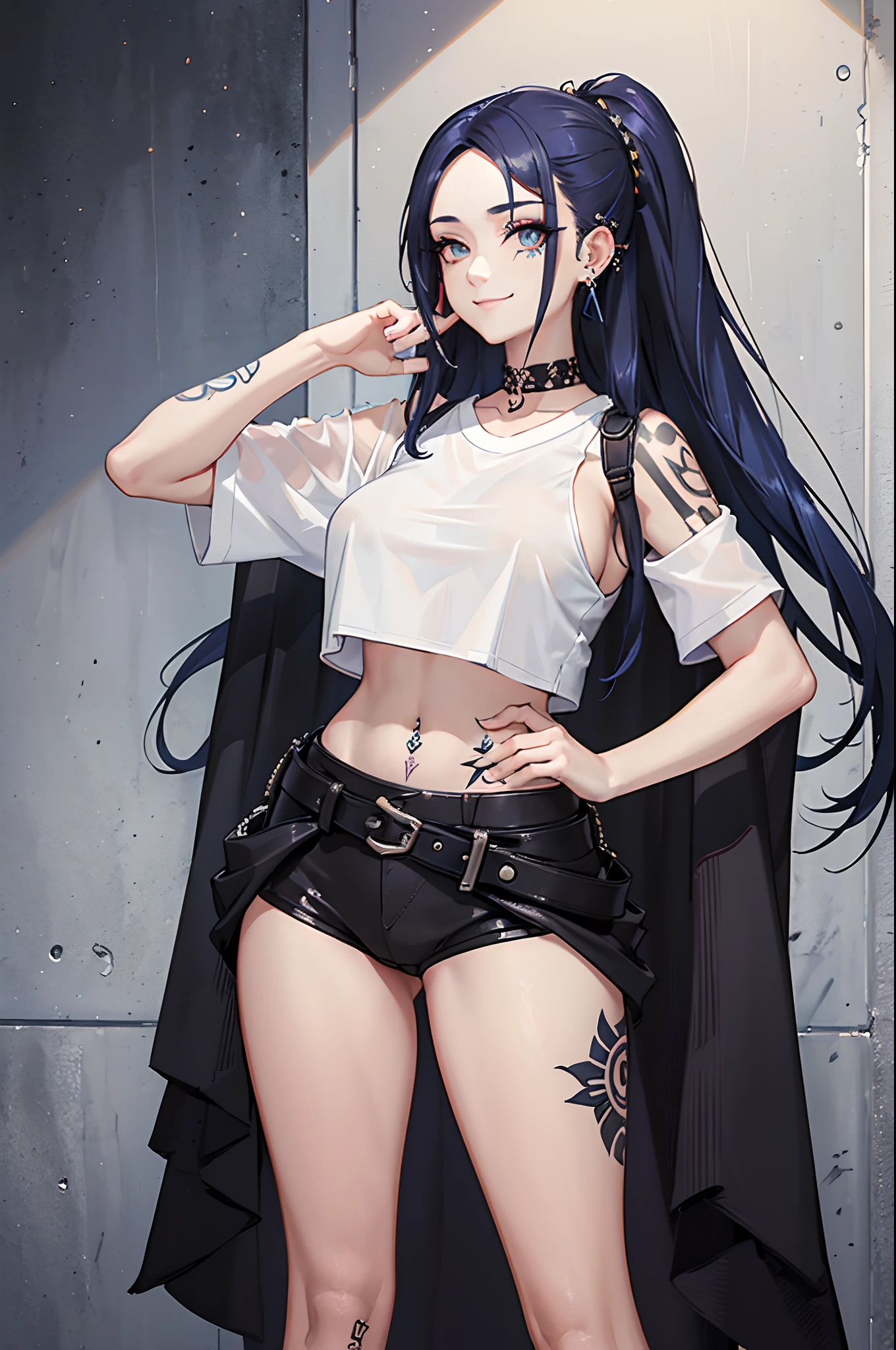 (18y.o) woman with long blue emo hair, (heavy goth makeup), masterpiece, highest quality, 4k, High detail RAW color Photo, sexy woman (in living room) wearing a (white cropped t-shirt:1.2) loose shirt, (thong), (facial piercings:1.2), (proud breasts), huge breasts, visible under boobs, side boobs, (relaxed shoulders), full body, (open stance:1.2), (bright smile), (geometric tattoos), feisty, feminine, hyperrealistic, symmetrical, highly detailed, perfect skin, hasselblad, gigapixel, fit, skin pores, arched back, high detail hair, (sharp body), detailed body.