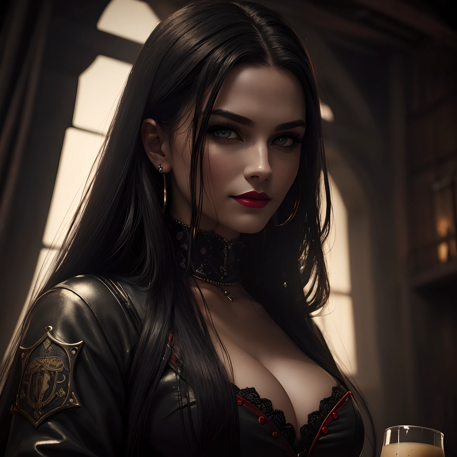 "(best quality,4k,8k,highres,masterpiece:1.2),ultra-detailed,(realistic,photorealistic,photo-realistic:1.37),badass,gorgeous woman,long black hair,ironic smile,epic gloomy atmosphere,cinematic quality,dark environment,mysterious aura,high contrast lighting,dramatic shadows,detailed facial features,fierce eyes,piercing gaze,badass weapons,handheld gun,music-inspired,suspenseful,gritty,foggy atmosphere,red lipstick,piercings,vintage aesthetic,medieval backdrop, pint of beer,medieval outfit,fantasy"