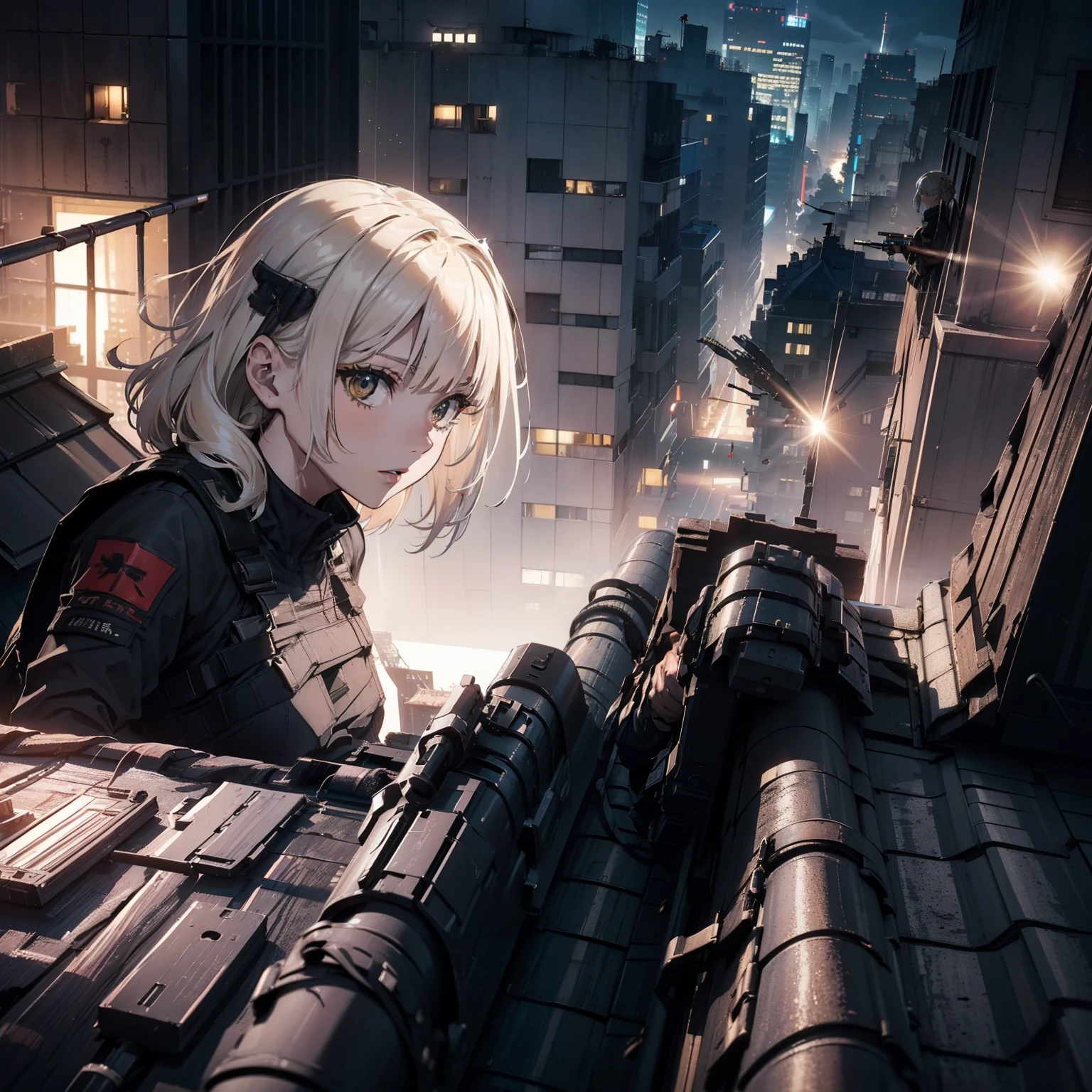 (Trained female soldiers)、((holding rifle、Aim and fire:1.4、guns、h&K HK416))、1 Women、thick body、(Black combat uniform)、(platinum-blonde-hair:1.2)、((超A high resolution))、Detail Write、​masterpiece、top-quality、extremely details CG、8K picture quality、Cinematographic lighting、lensflare、(Skyscraper rooftop at night:1.4)、Hyper-detailing、((Dynamic angle bust shots:1.4))、Detailed firearm depiction、Rifle with perfect detail、Perfect barrel that does not distort、Fighter in the sky、Military drones