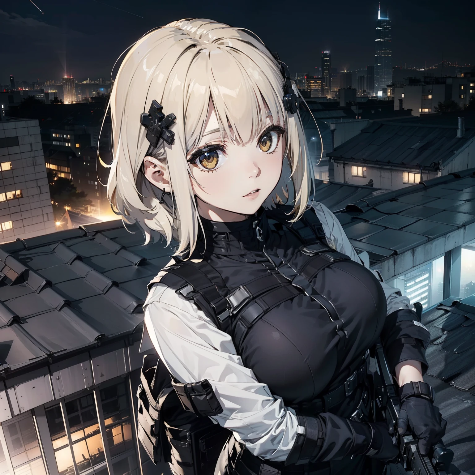 (Trained female soldiers)、((holding rifle、Aim and fire:1.4、guns、h&k hk416))、1 Women、thick body、(Black combat uniform)、(platinum-blonde-hair:1.2)、((超A high resolution))、Detail Write、masterpiece、top-quality、extremely details CG、8K picture quality、Cinematographic lighting、lensflare、(Skyscraper rooftop at night:1.4)、Hyper-detailing、((Enlarge bust shots:1.4))、Detailed firearm depiction、Rifle with perfect detail、Perfect barrel that does not distort、Fighter in the sky、Military drones