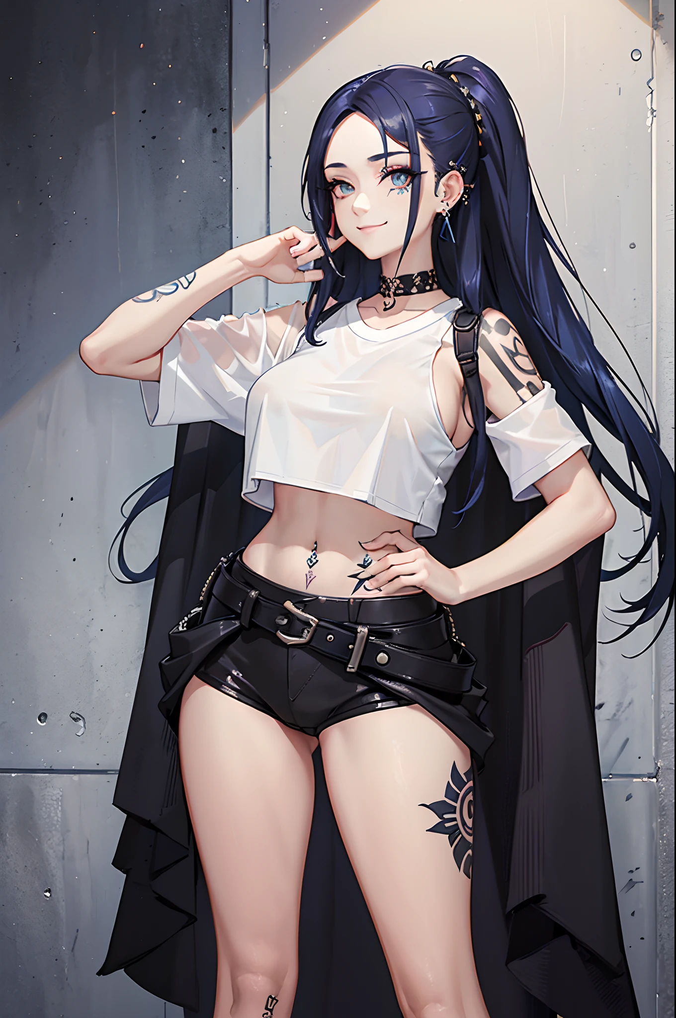 (18y.o) woman with long blue emo hair, (heavy goth makeup), masterpiece, highest quality, 4k, High detail RAW color Photo, sexy woman (in living room) wearing a (white cropped t-shirt:1.2) loose shirt, (thong), (facial piercings:1.2), (proud breasts), huge breasts, visible under boobs, side boobs, (relaxed shoulders), full body, (open stance:1.2), (bright smile), (geometric tattoos), feisty, feminine, hyperrealistic, symmetrical, highly detailed, perfect skin, hasselblad, gigapixel, fit, skin pores, arched back, high detail hair, (sharp body), detailed body.