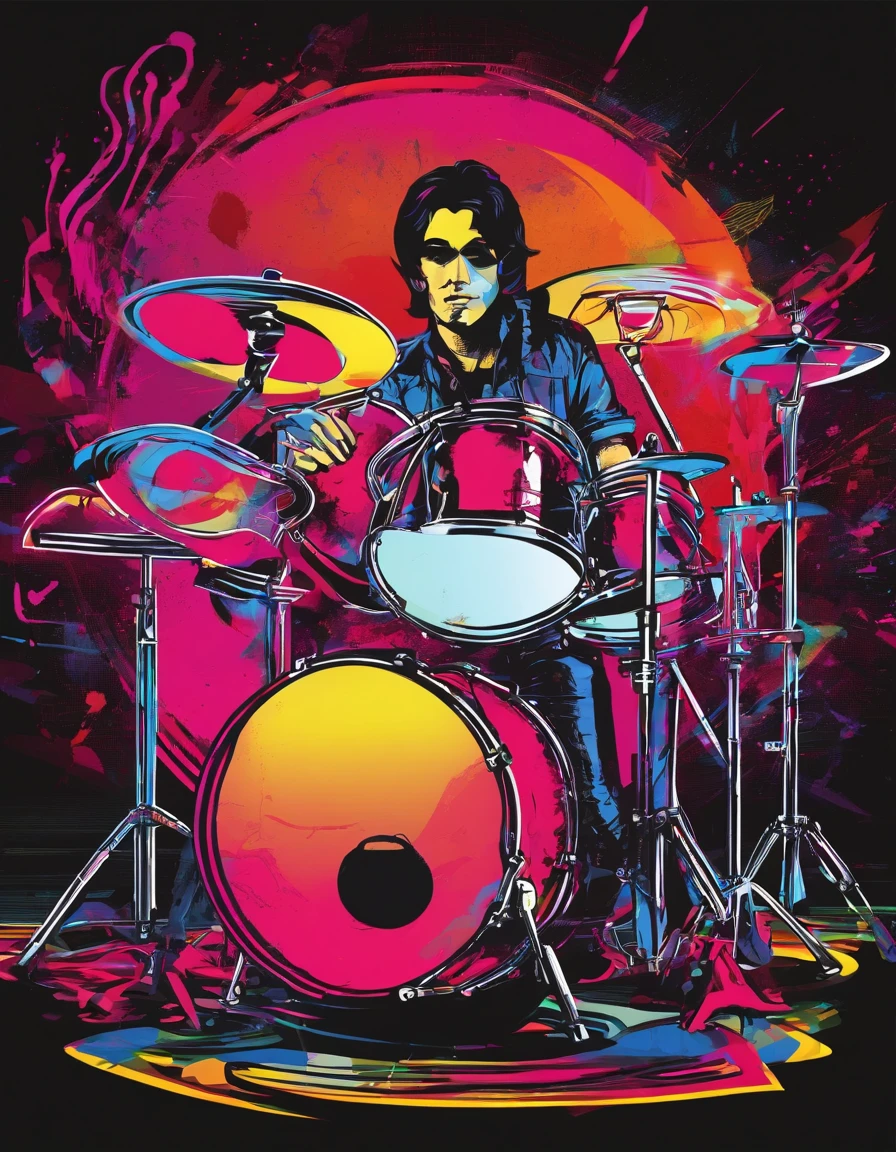 banda de Rock. 1 baterista delgado de cabello oscuro y risado, bateria electronica.  Tocando en un escenario profesional con luces, niebla, pantallas y pirotecnia. super realista , iluminacion profesional,