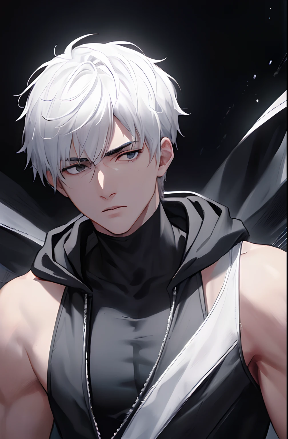 kk, best quality, more details, masterpiece, 1boy, male focus, solo, black background, An assassin man in a black hooded suit, black eyes, short hair, white hair, Looking at viewer, Luxury, 8k, Detail, ray tracing, Depth of field, Cinematic lighting, black andwhite, Simple black lines, simplified.