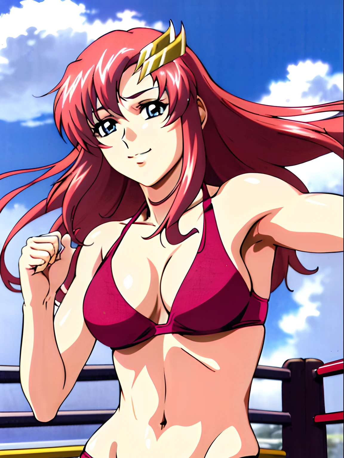 (masterpiece, upper body view, 4K, Best Quality, Anime style: 1.9,, Adult Woman, ultra detailed face, (cloud background, wrestling), Drawing lines, high resolution, Anime, lacus4), 1girl, Solo, curvy figure, Long hair, 鎖骨, scapular, (Detailed wide hair bangs, Hair Ornament, Detailed reddish-pink hair, golden crest), cleavage, large hands, (female wrestler). (Big blue eyes, shiny eyes), ((female wrestler, little biceps, slender body, broad shoulders, closed fists)), ((perfect proportions, medium breasts, long belly)), (((bikini, pink wrestling gear))), happy, smile, closed mouth, (standing, looking at the viewer), showing off underarm