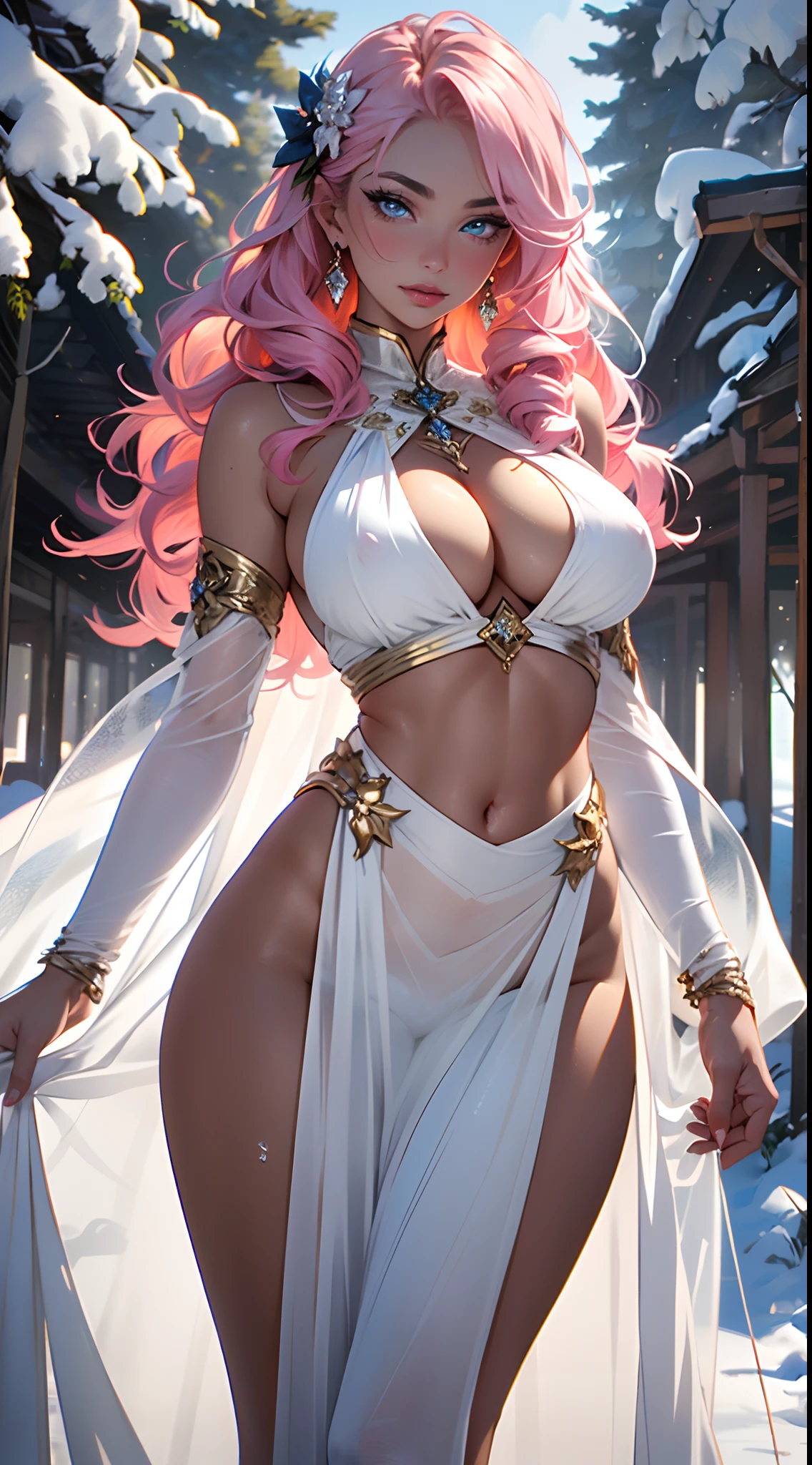 Greek goddess Aphrodite, serious and sexy face, has a face of supernatural beauty, long curly vibrant pink hair decorated with flowers, as well as blue eyes. (perfect anatomy) , (perfect eyes) Her figure is extremely voluptuous, gigantic breasts, heavy breasts, fitness hip, fabric covering breasts, cracked abdominal muscle, white thick silk dress, large abdomen muscle, she sits with her legs in the water,

woman,1female,((milf,mom,mature,mature woman,45 years old female,adult)),

(large breasts:1.5),saggy breasts,colored inner hair,((blue_eyes:1.3))),intricate eyes,beautiful detailed eyes,symmetrical eyes,((((lustrous skin:1.5,bright skin: 1.5,skin tanned,shiny skin,very shiny skin,shiny body,illuminated skin)))),(spider lower abdomen,narrow waist,wide hip,bimbo body,inflated legs),(((detailed face))),

(cute,slutty,sensual,seductive look,seductive,((erotic)),opulent,sumptuous,longingly,((nsfw)),

queen,goddess,fantasy,revealing clothing,show skin,(beautiful white clothes),(simple transparent white dress, very transparent dress, very loose dress, extremely transparent dress, ver transparent clothes):1.9, greek style, bare belly, bare shoulders, golden bracelets,detailed outfit,cleavage,white silk,((Transparent cloth:1.5)), (((intricate outfit,intricate clothes))),

(dynamic pose:1.0),arrogant face, arrogant smile,
,(centered,scale to fit dimensions,Rule of thirds),

((snowy pine forest at night)), with dark stormy clouds,winter,scenery:1.25,((snow forest background)),Christmas tree,

highres,sharp focus,(ultra detailed,extremely detailed),(photorealistic artwork:1.37),(extremely detailed CG unity 8k wallpaper),(((vibrant colors,vibrant theme))),(intricate),(masterpiece),(best quality),