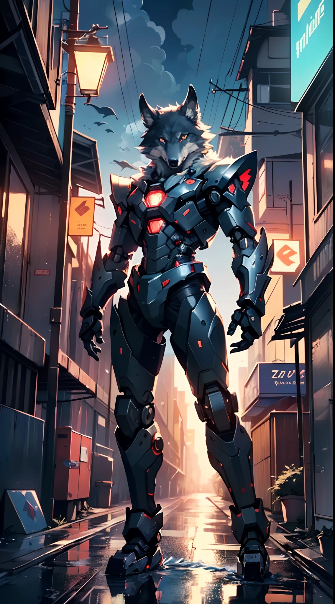(((A mechanical wolf,cyborg wolf,cyborg-wolf,animal,wolf robot))),no human,detailed wolf,intricate mechanic wolf,robot animal,
epic, highly detailed full body of a gigantic feral mecha canine, sharp metal claws, cannon mounted on back, sleek armor, glowing visor, furry art, zoids art, furaffinity, sofurry,
(dynamic pose:1.0),solo focus,(centered,scale to fit dimensions,Rule of thirds),
cyberpunk city by the ocean at night, with bright neon signs and dark stormy clouds and puddles, scenery:1.25,
highres, sharp focus, (ultra detailed, extremely detailed), (photorealistic artwork:1.37),(extremely detailed CG unity 8k wallpaper),((synthwave background theme)),(((vibrant colors))),(intricate background),(masterpiece),(best quality),