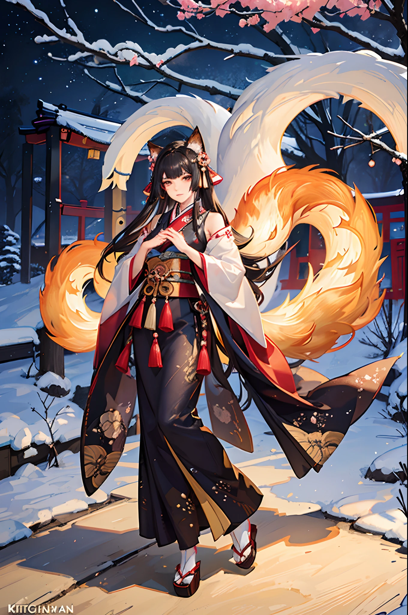 (Best quality:1.2, ultra-detailed, photorealistic:1.3), colorful, brightly lit night scene, enchanting atmosphere. Beautifully detailed nine-tailed kitsune woman, with captivating emerald eyes, rosy cheeks, and silky long black hair flowing in the breeze. She has a slim and graceful figure, with a slender waist and long legs. Her petite frame is adorned with (revealing traditional Japanese clothing:1.3), showcasing her alluring curves and assets. The kitsune woman stands in front of a majestic Japanese temple, illuminated by the soft glow of lanterns. The temple is decorated with intricate carvings and vibrant cherry blossoms, symbolizing beauty and renewal. The night sky is filled with sparkling stars, creating a magical backdrop. The kitsune woman's elegant posture exudes confidence and elegance, as she holds a mystical fox mask, adding an element of mystery to the scene. The ambience is filled with tranquility and a sense of wonder, inviting viewers to immerse themselves in the enchanting world of the nine-tailed kitsune.