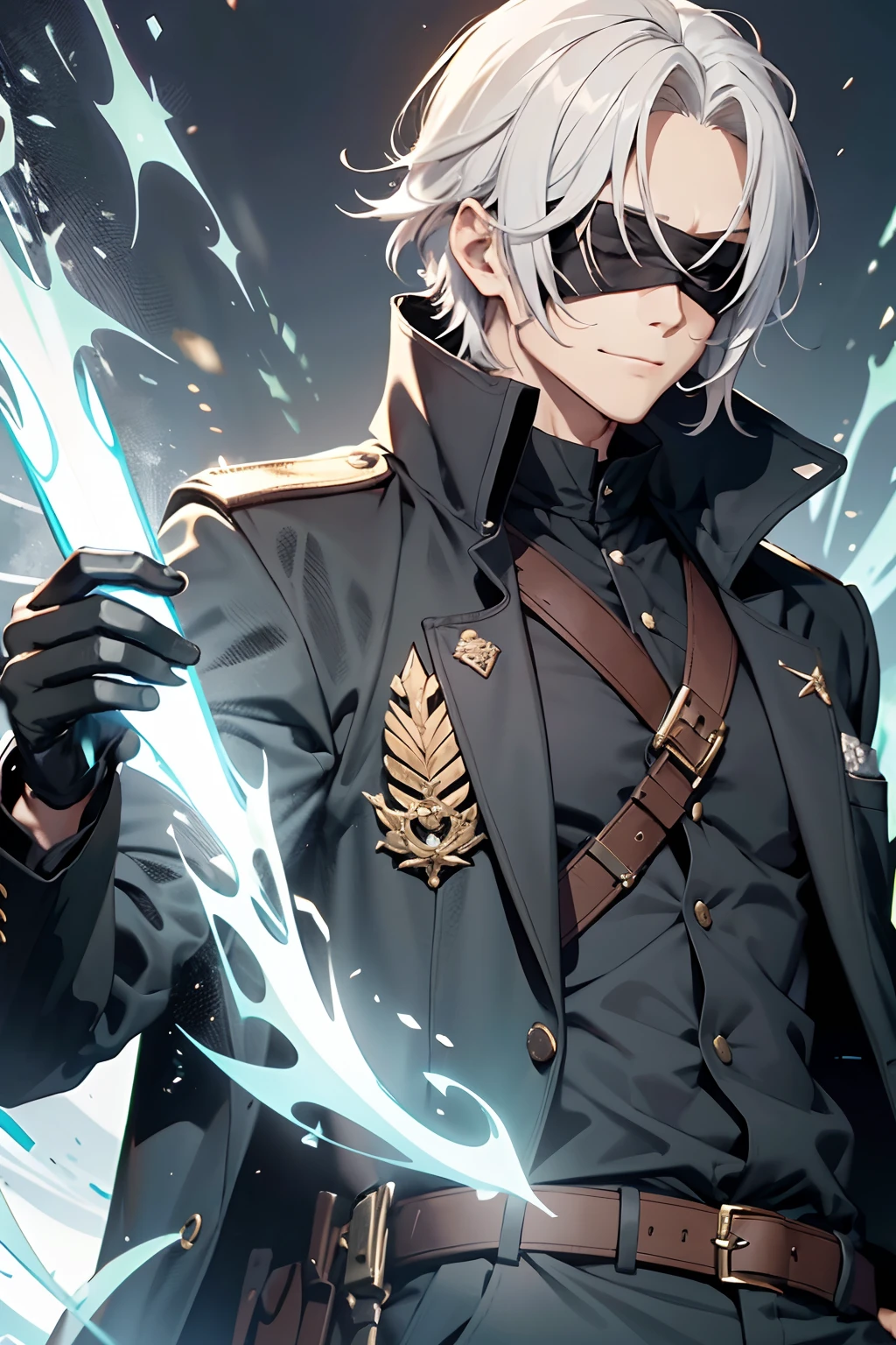 Haar: Satoru Gojo hat kurze nach oben abestehende, disheveled white hair, . His hair is one of his most striking features, and its white contrasts sharply with its dark clothes. His hair often gives him an ethereal and almost otherworldly presence. Augen: Trotz seiner markanten Erscheinung, Gojo's most mysterious trait is his eyes, die in der Regel durch eine einfache, plain white blindfold. This blindfold completely covers his eyes, and the reason for this is an integral part of his character and abilities. Kleidung: Gojo is often seen in a distinctive black and white outfit, this adds to his aura of power. He wears a long, flowing black coat with white lining, which is adorned with the emblem of Jujutsu High School, a symbol of his affiliation and status as a jujutsu sorcerer. Unter dem Mantel, Rollkragenpullover dunkel lila fast schwarz, accessory: Gojo is known for its black gloves, which he wears at all times. Diese Handschuhe sind nicht nur ein modisches Statement, sondern dienen auch einem praktischen Zweck in seinen Kampftechniken. Sie werden oft mit seinem einzigartigen Kampfstil in Verbindung gebracht. Ausdruck: Gojo strahlt in der Regel einen Hauch von Selbstvertrauen und Nonchalance aus, often accompanied by a playful or high-spirited grin. Seine Mimik strahlt Intelligenz und Ruhe aus, even in the most dangerous situations. Gesamtpräsenz: The presence of Satoru Gojo is impressive, and he carries himself with an aura of authority and power. Seine markante Erscheinung, from his white hair to his black clothes to the enigmatic blindfold, die ihn blendet. Er steht in einer Lehrer-typischen Pose da